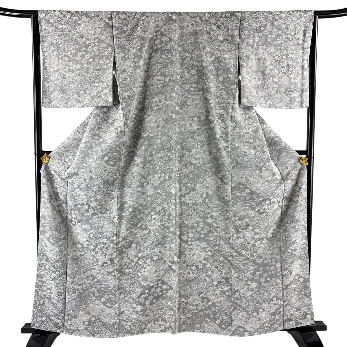 美品】 小紋 身丈164.5cm 裄丈63.5cm S 袷 紬地 縦縞 草花 灰色 正絹