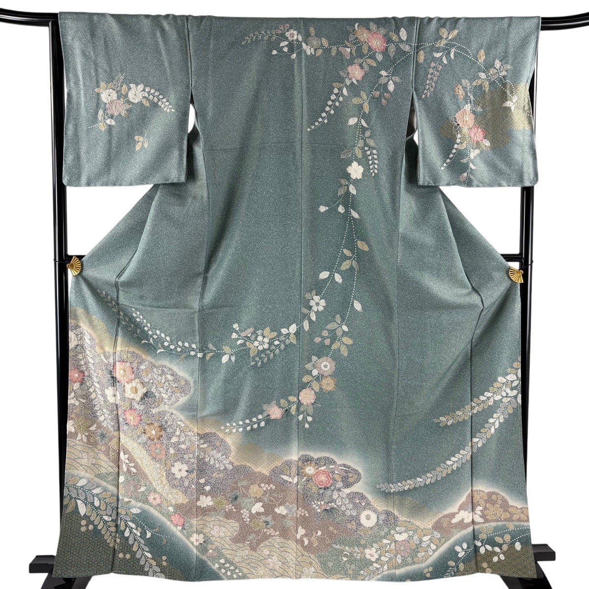 美品】 訪問着 身丈163cm 裄丈66cm M 袷 雲文 草花 金通し 金彩 灰緑