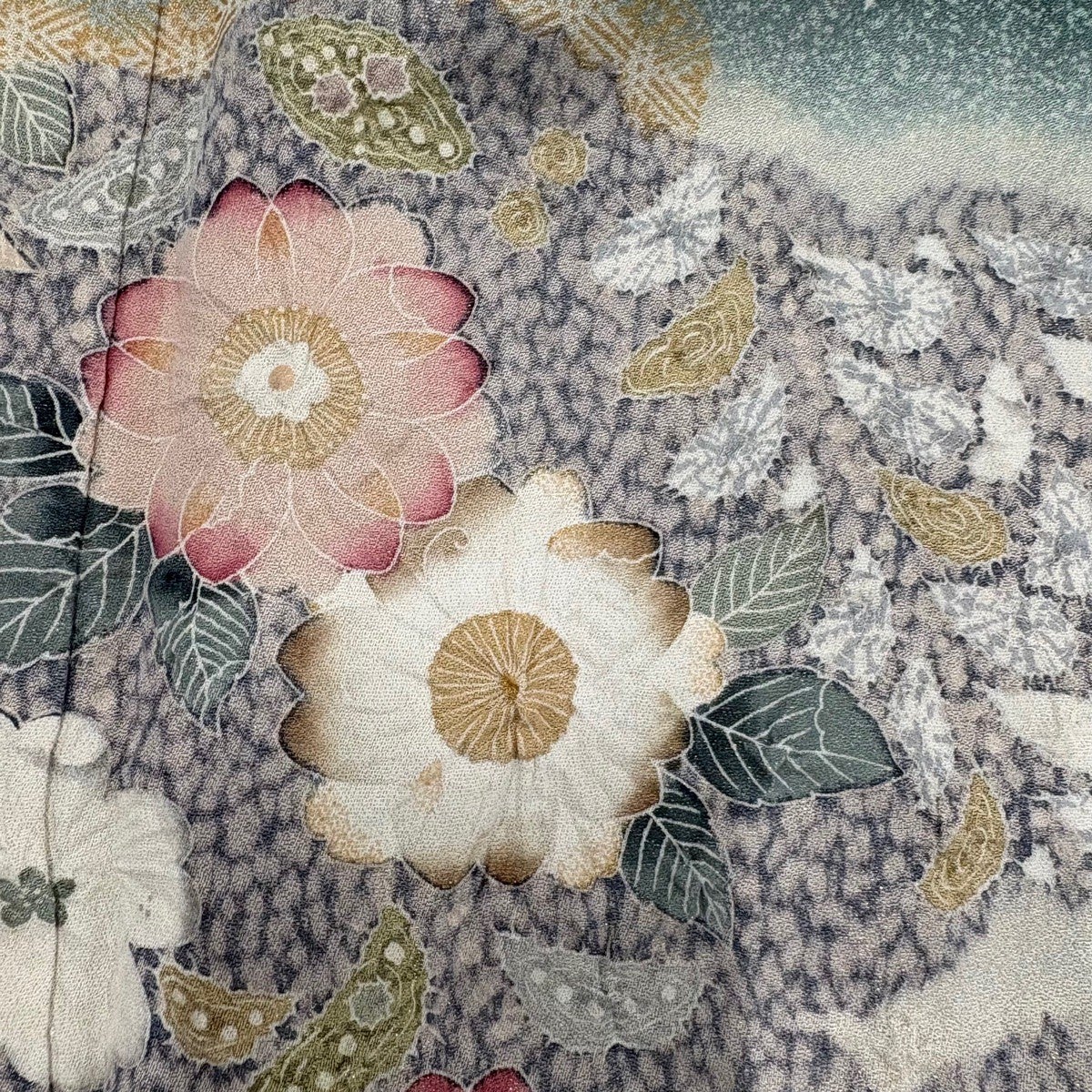 美品】 訪問着 身丈163cm 裄丈66cm M 袷 雲文 草花 金通し 金彩 灰緑