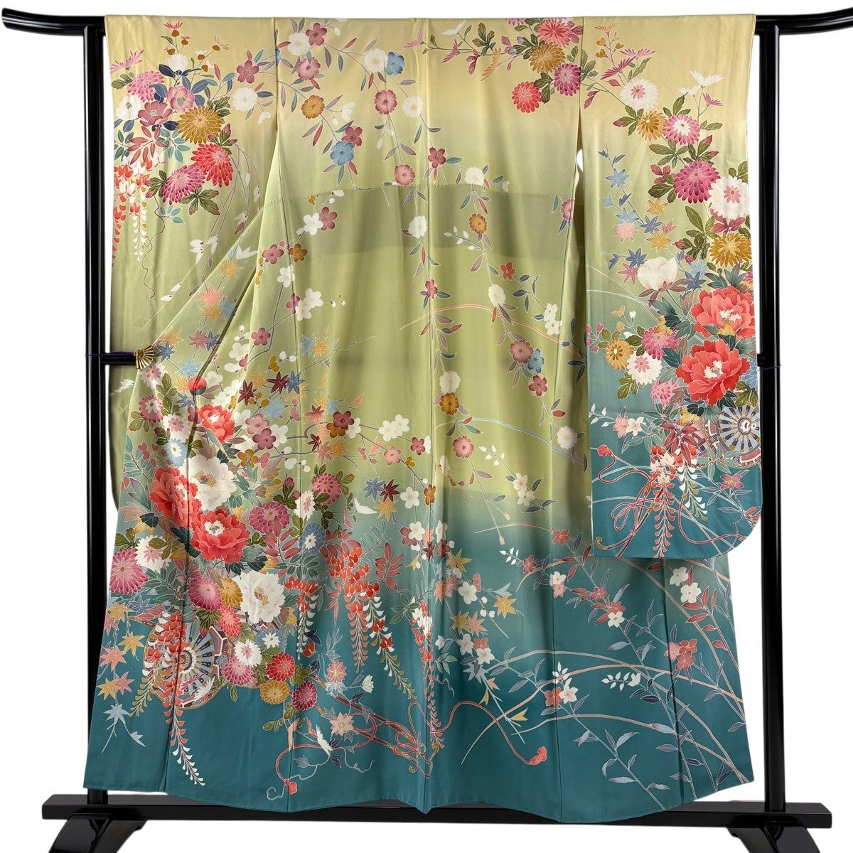 振袖 身丈155cm 裄丈63cm S 袷 花車 枝梅 染め分け ぼかし 抹茶色 正絹