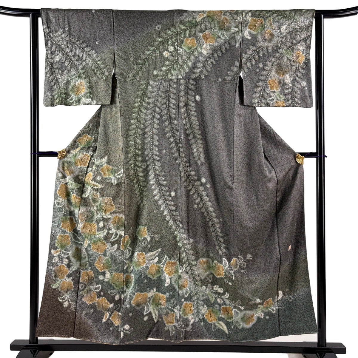 美品】 訪問着 身丈154cm 裄丈62cm S 袷 落款あり 草花 絞り 金銀彩 灰