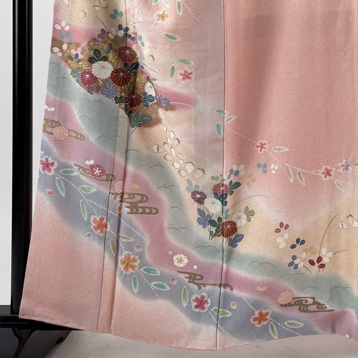 訪問着 身丈160.5cm 裄丈61.5cm S 袷 菊 観世水 金銀彩 絞り ピンク