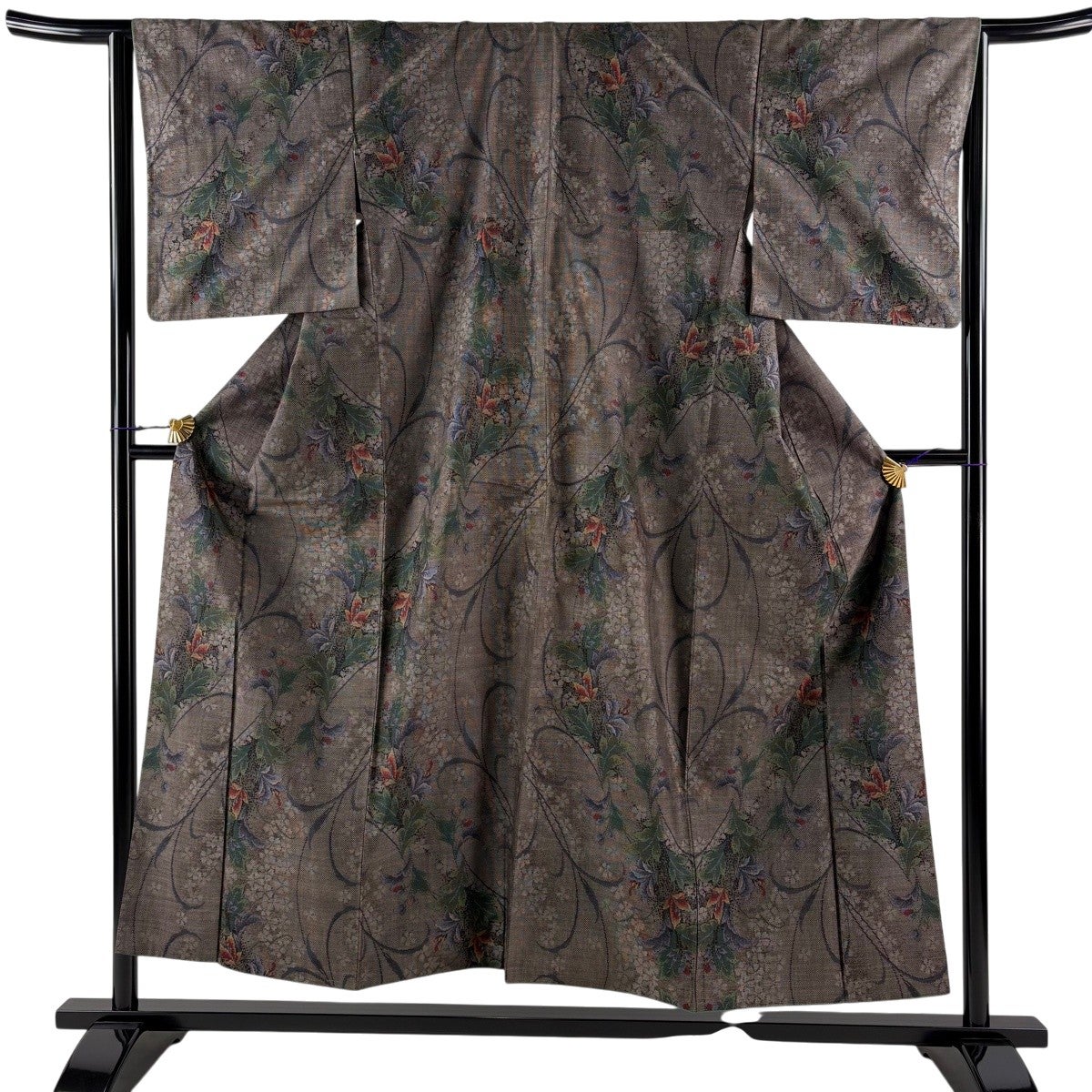 紬 身丈154cm 裄丈64.5cm M 袷 草花 焦茶色 正絹 名品｜中古・古着