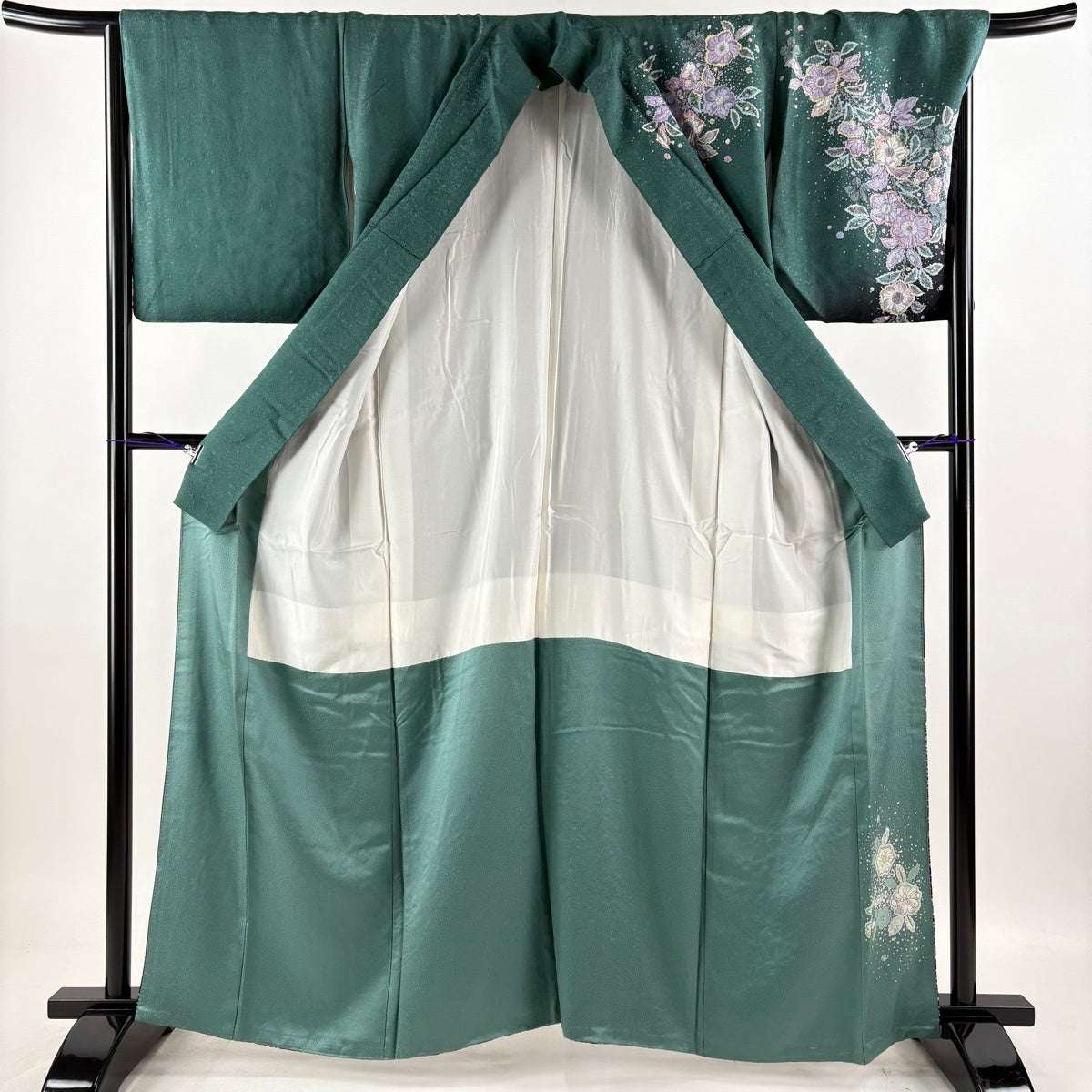 K*U様 【オークション】裄丈70cm 訪問着フルセット くすみ緑風景　正絹 袷 訪問着 身丈161cm 裄丈69cm L 袷 落款あり 辻が花 染め分け 深緑 正絹