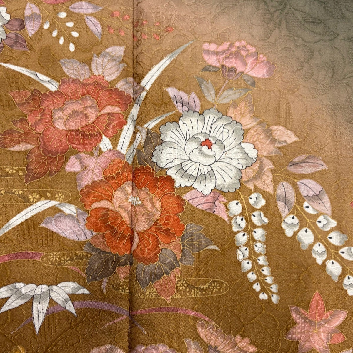 訪問着 身丈153.5cm 裄丈62cm S 袷 草花 地紋 ぼかし 茶緑色 正絹 名品