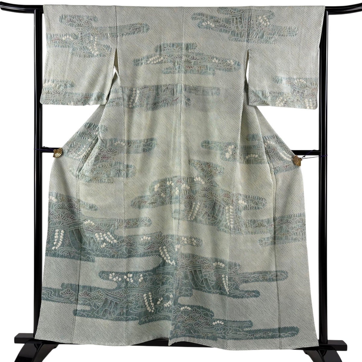 美品！ふくれ織＊絞り＊相良刺繡＊黒＊高級＊訪問着＊少々難あり＊１６４ｃｍ＊裄６３ 美品】 訪問着 身丈157cm 裄丈63cm S 袷 几帳 ヱ霞 絞り ぼかし 灰緑