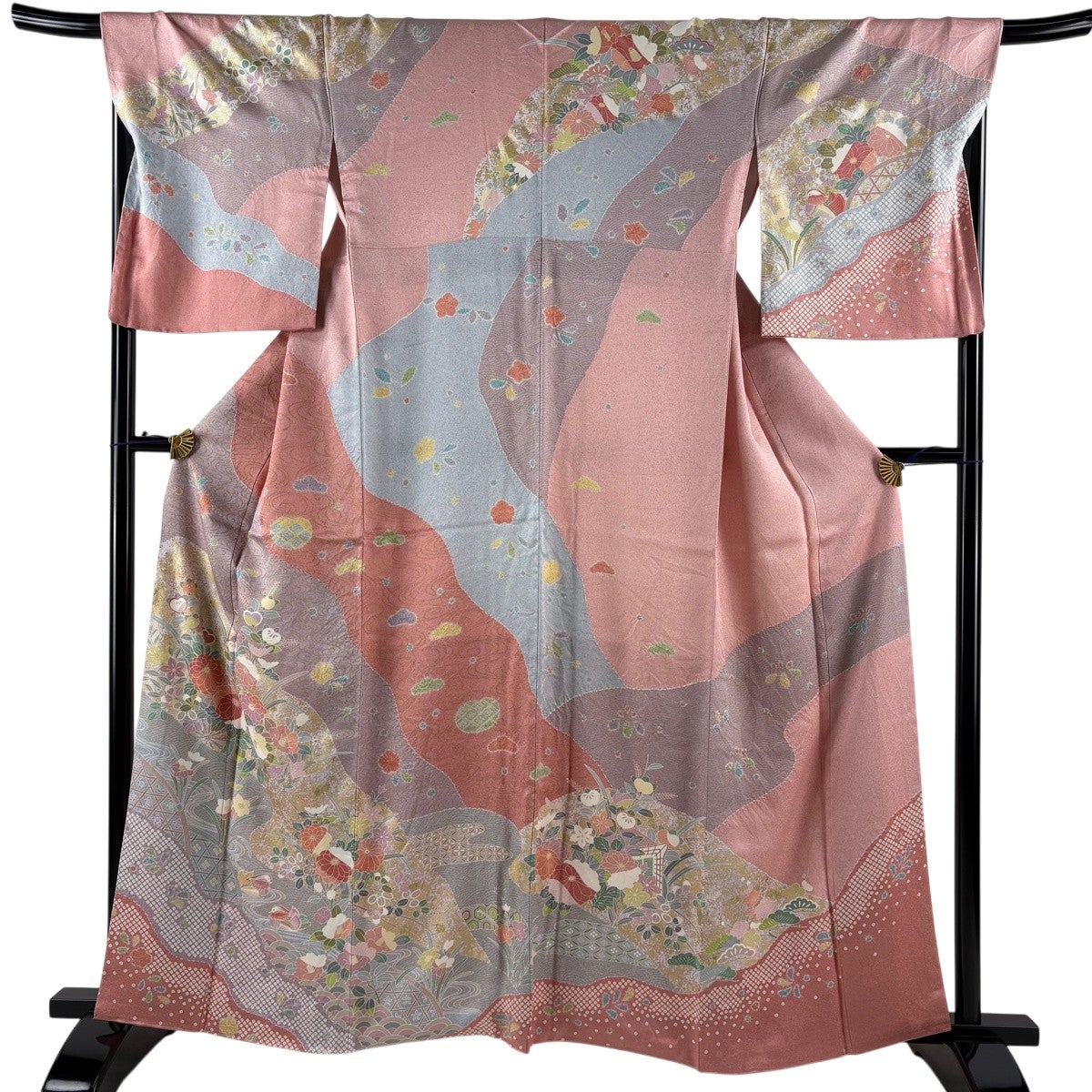 訪問着 身丈161cm 裄丈68cm L 袷 菊 鴛鴦 金彩 染分け ピンク 正絹