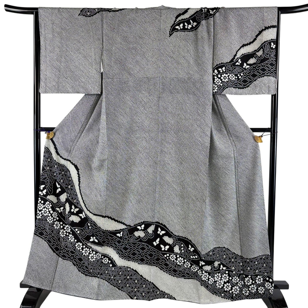 美品】 訪問着 身丈165cm 裄丈68cm L 袷 蝶 草花 総絞り 黒灰 正絹 秀