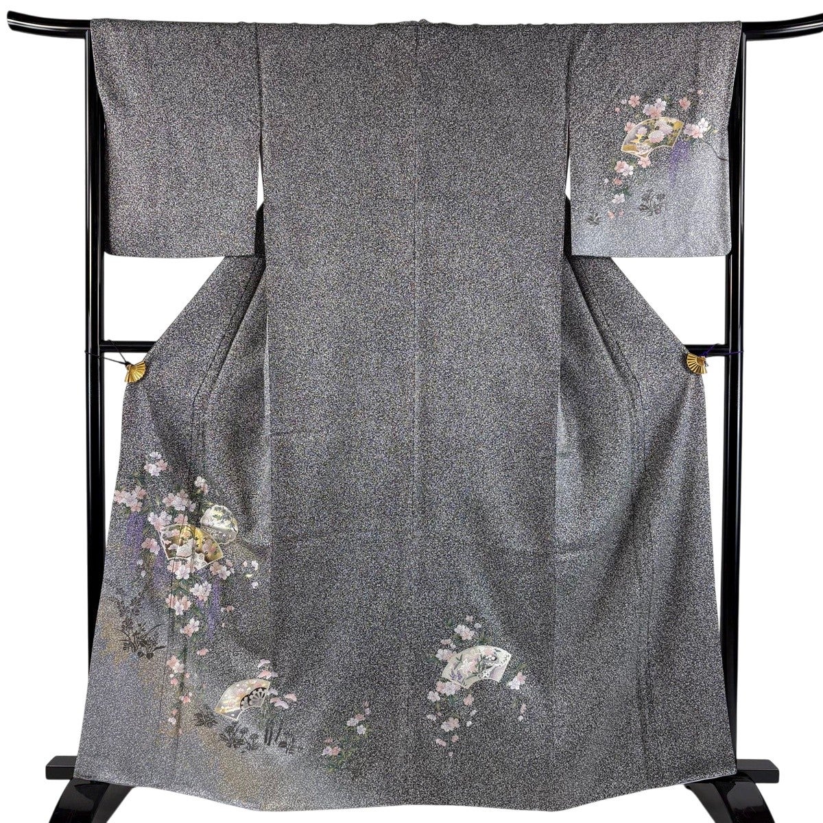 美品】 訪問着 身丈163cm 裄丈66cm M 袷 扇面 草花 金銀彩 黒灰 正絹