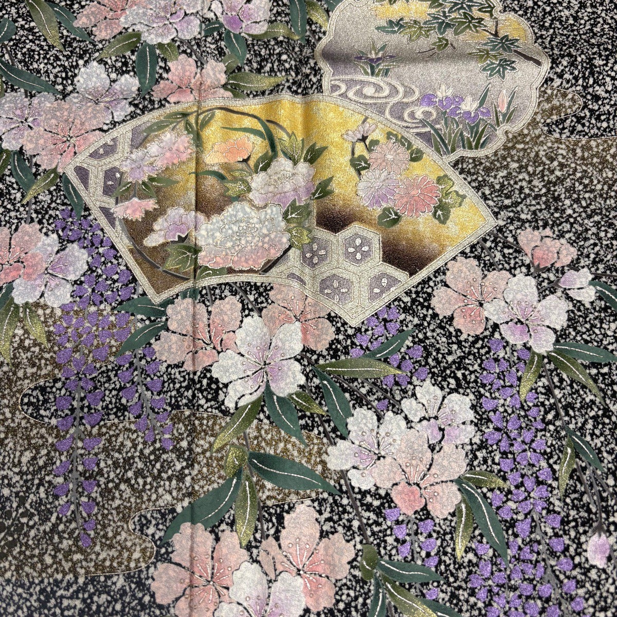 美品】 訪問着 身丈163cm 裄丈66cm M 袷 扇面 草花 金銀彩 黒灰 正絹