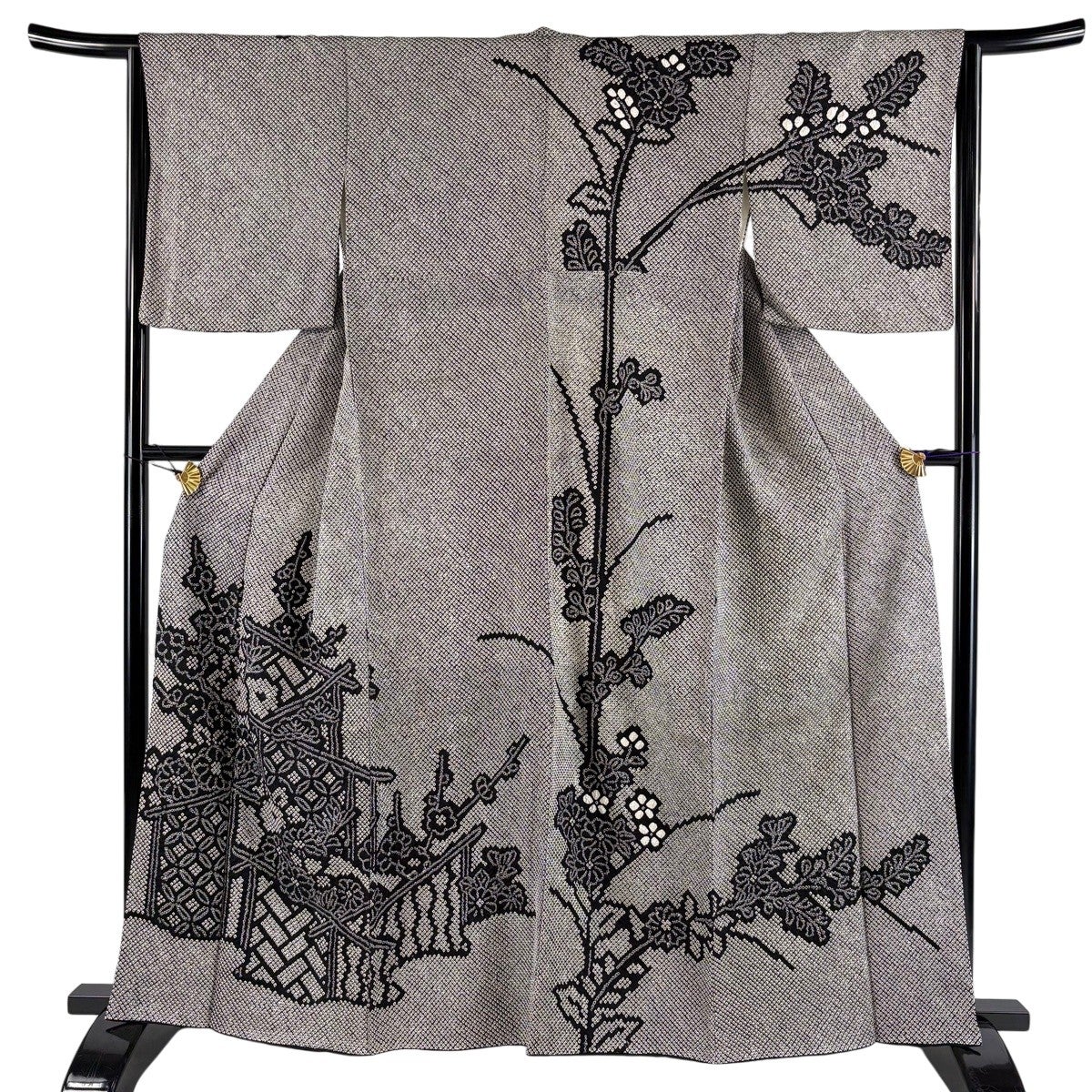 訪問着 身丈161.5cm 裄丈63.5cm S 袷 草花 七宝 総絞り 黒灰 正絹 秀品