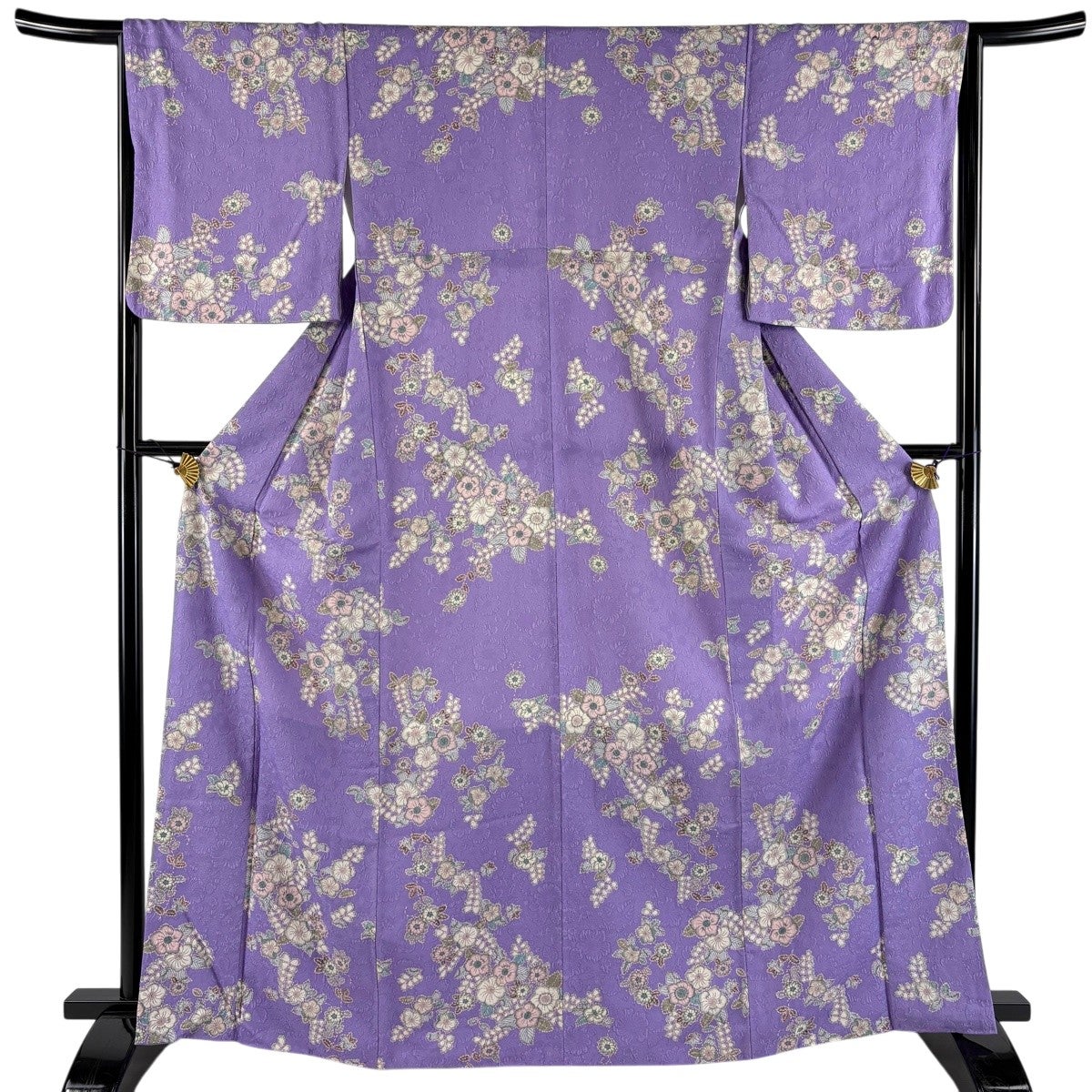美品】 小紋 身丈166cm 裄丈64.5cm M 袷 洗える着物 辻が花柄 地紋 紫
