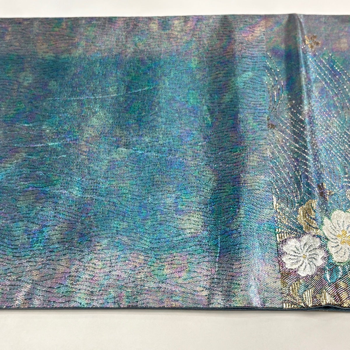 美品】 袋帯 秀品 桜 波 箔 金糸 薄青緑 六通 正絹｜中古・古着