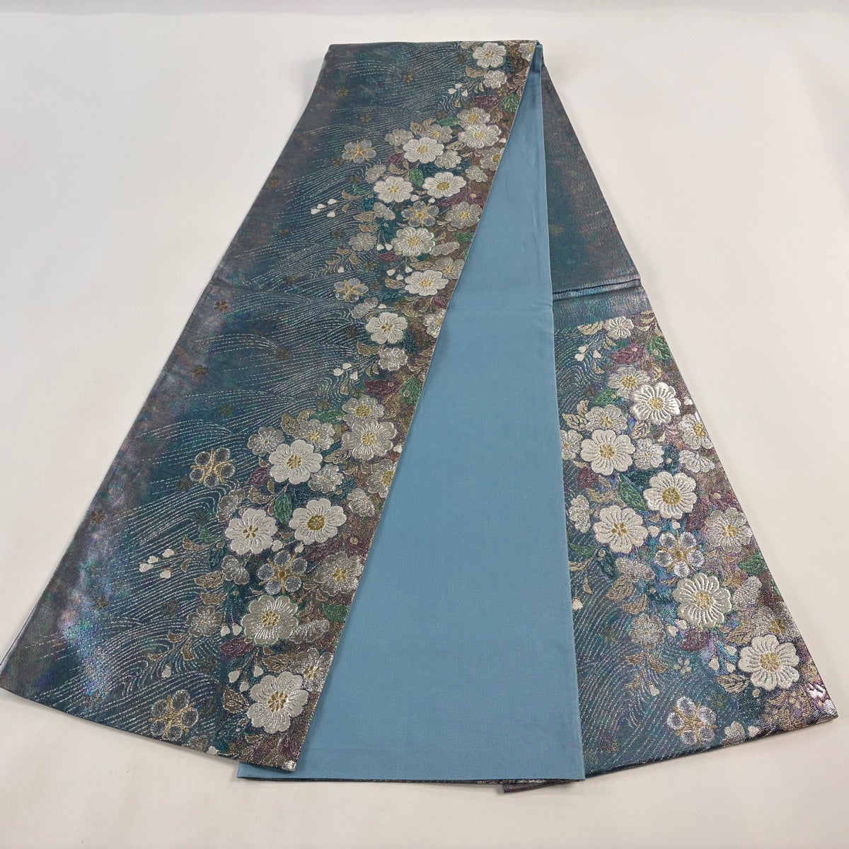 美品】 袋帯 秀品 桜 波 箔 金糸 薄青緑 六通 正絹｜中古・古着