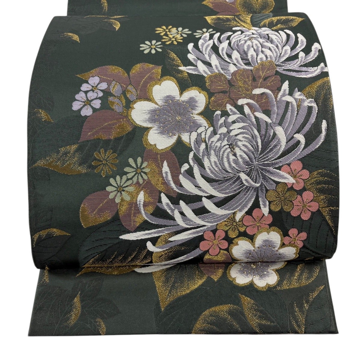 美品】 袋帯 秀品 菊 桜 金糸 箔 深緑 六通 正絹｜中古・古着