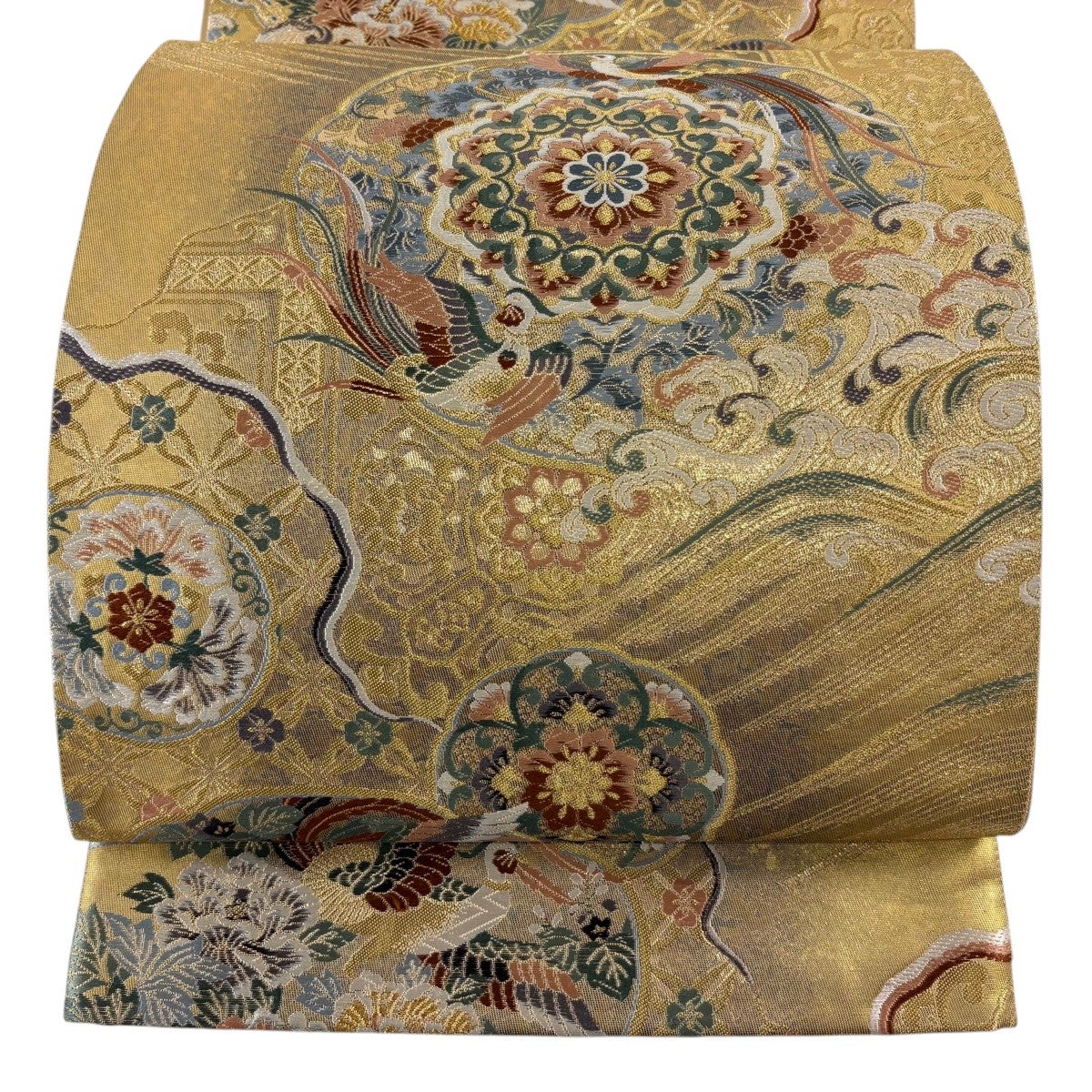 50%OFF 【美品】 袋帯 秀品 華文 鳥 金糸 箔 金色 六通 正絹 K50｜中古