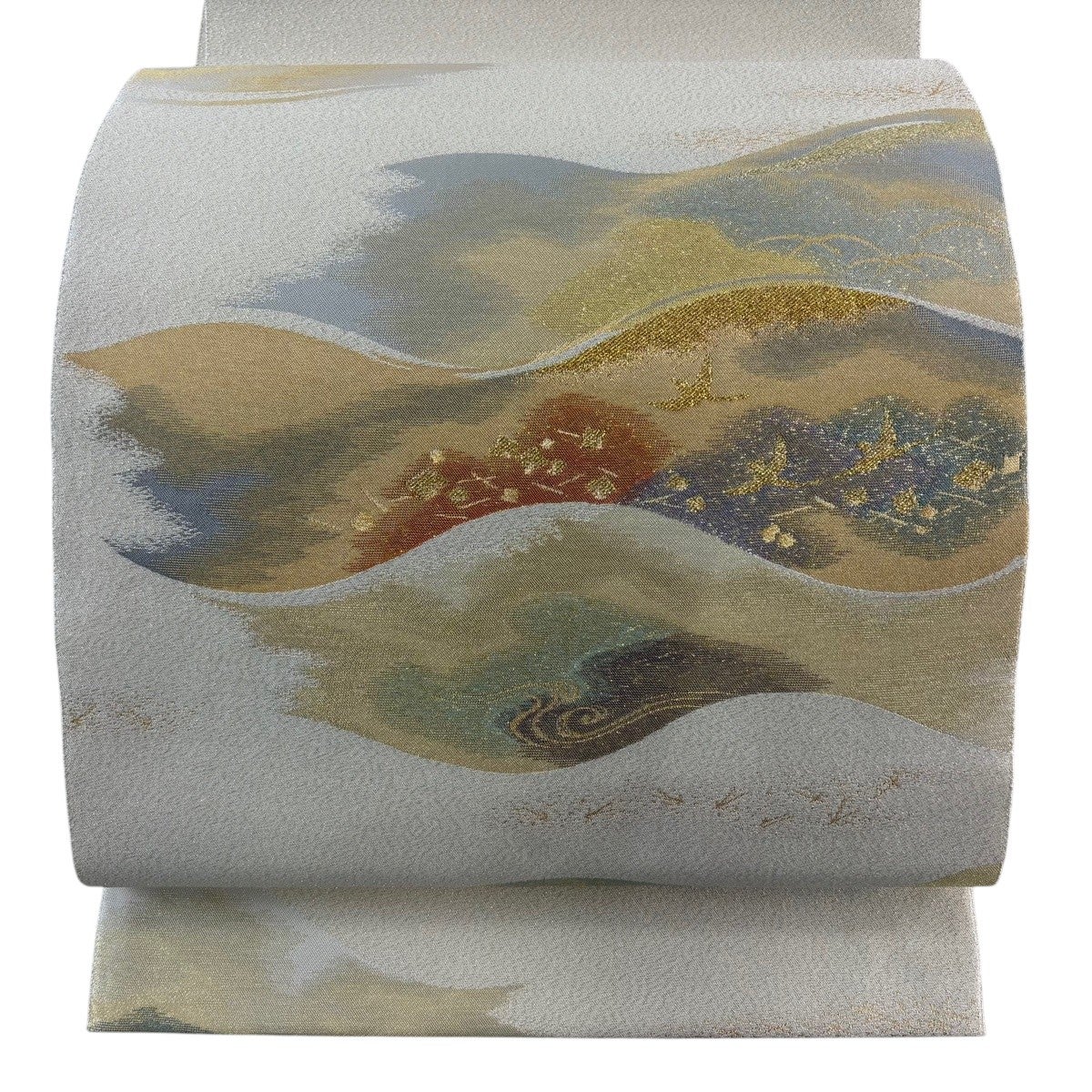 美品】 袋帯 秀品 横湧彩霞文 鳥 箔散らし 金銀糸 銀通し 灰白 お太鼓