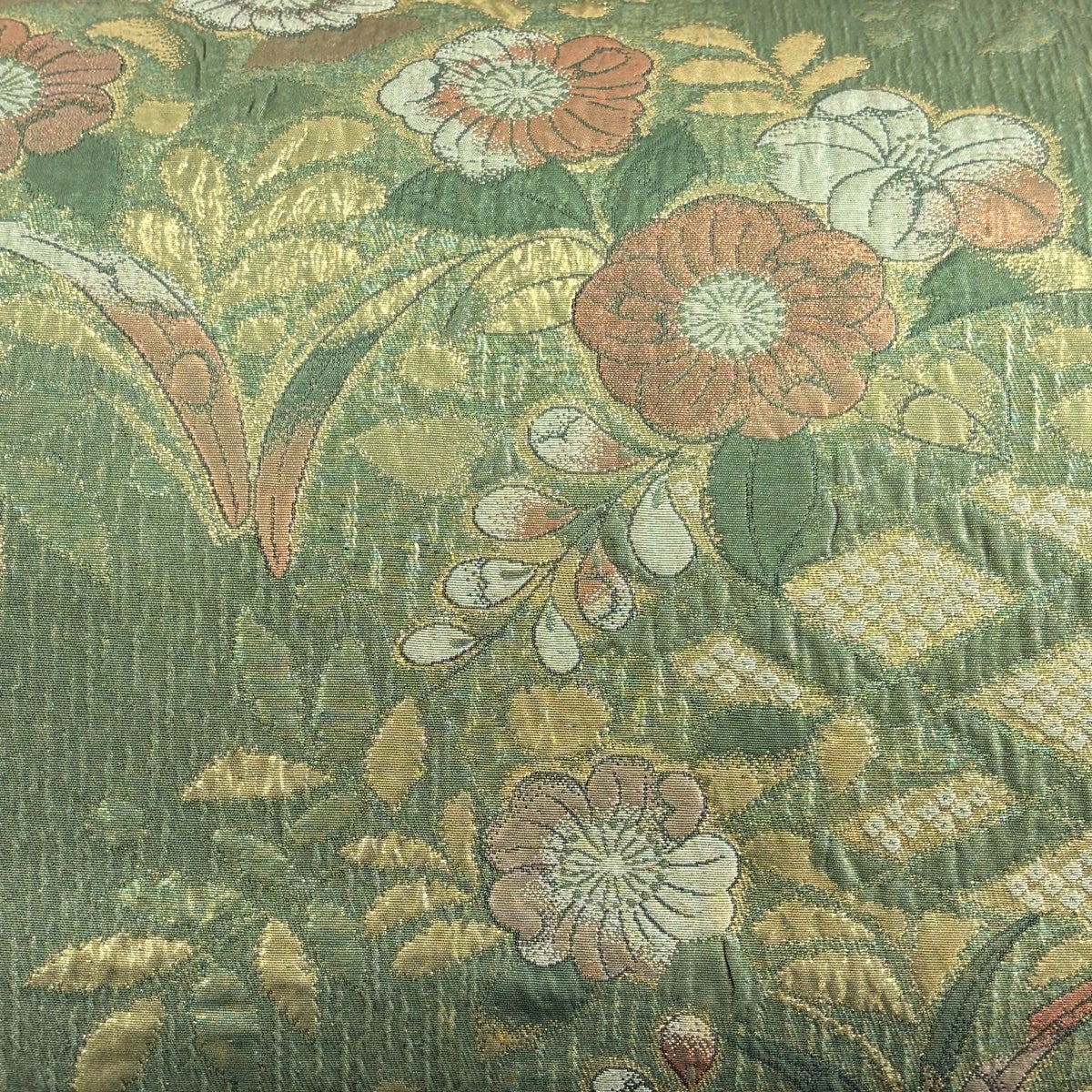 美品】 袋帯 秀品 辻が花柄 菱 箔 よもぎ色 六通 正絹｜中古・古着