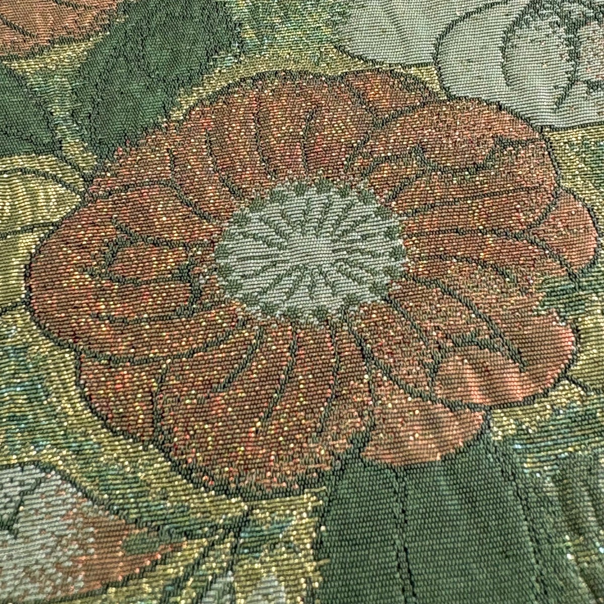 美品】 袋帯 秀品 辻が花柄 菱 箔 よもぎ色 六通 正絹｜中古・古着