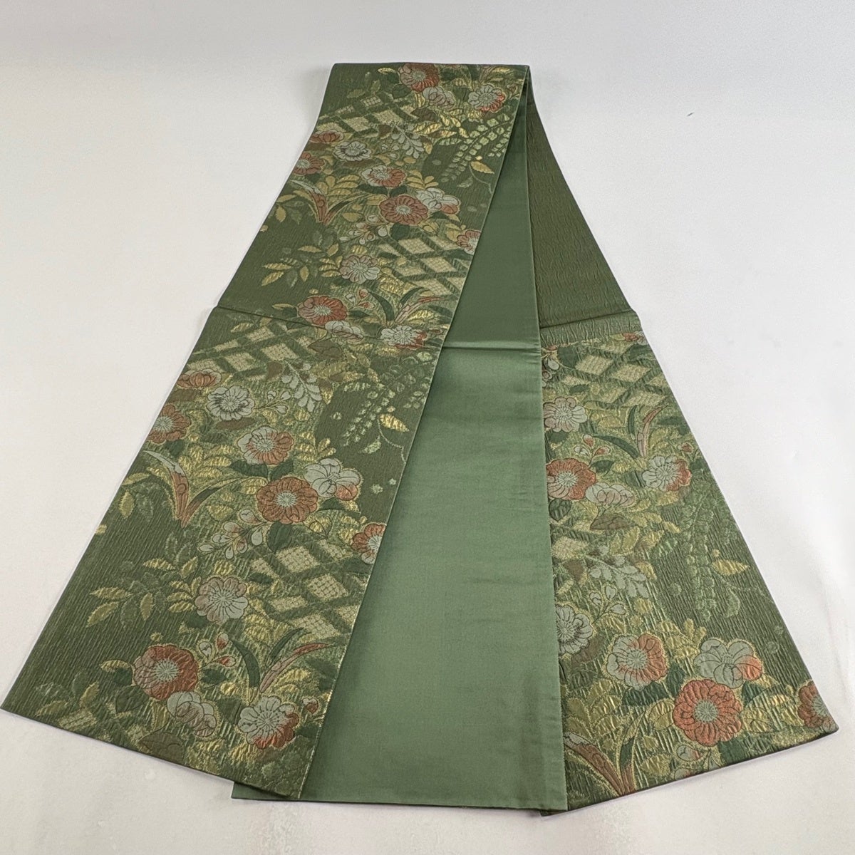 美品】 袋帯 秀品 辻が花柄 菱 箔 よもぎ色 六通 正絹｜中古・古着
