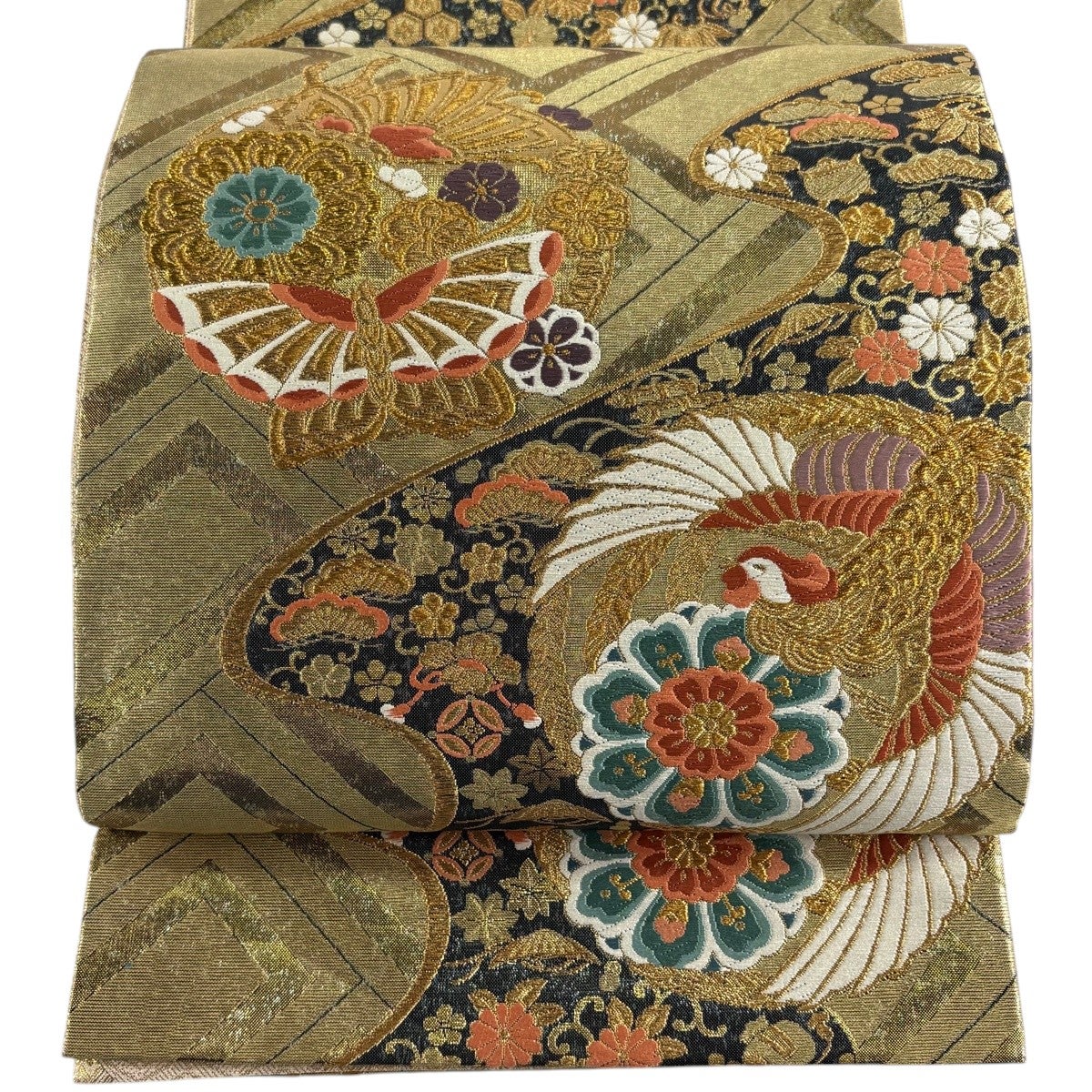 袋帯 秀品 鈴乃屋 花丸文 蝶 箔 金糸 金色 六通 正絹｜中古・古着
