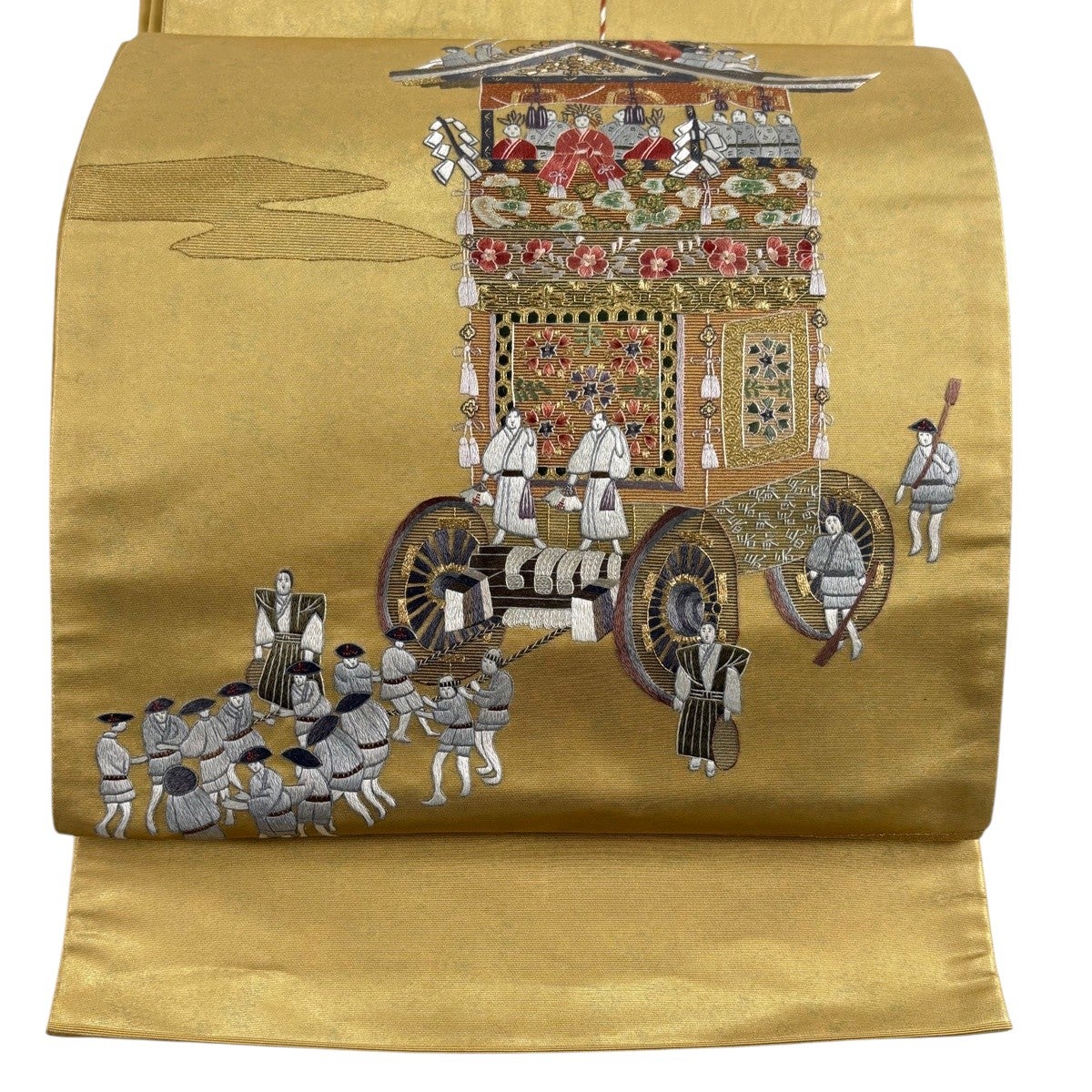 袋帯 秀品 山鉾 人物 金糸 蘇州刺繍 金色 お太鼓柄 正絹｜中古・古着