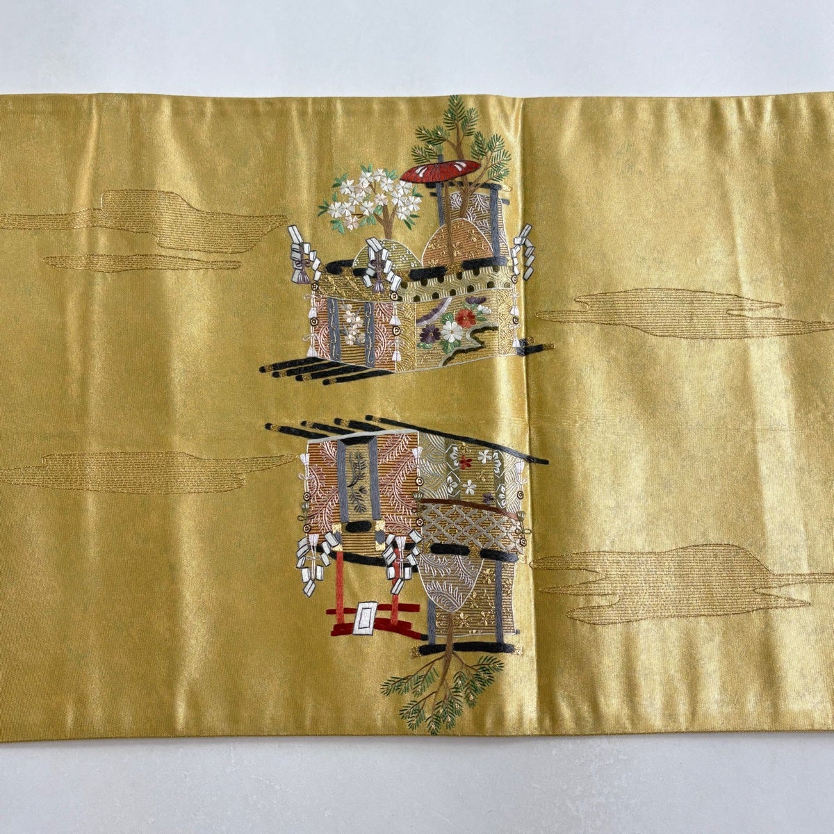 高級 袋帯 正絹 お太鼓柄 蘇州刺繍 中国刺繍 ブラウン ゴールド 約100万円 袋帯 秀品 山鉾 人物 金糸 蘇州刺繍 金色 お太鼓柄 正絹｜中古・古着