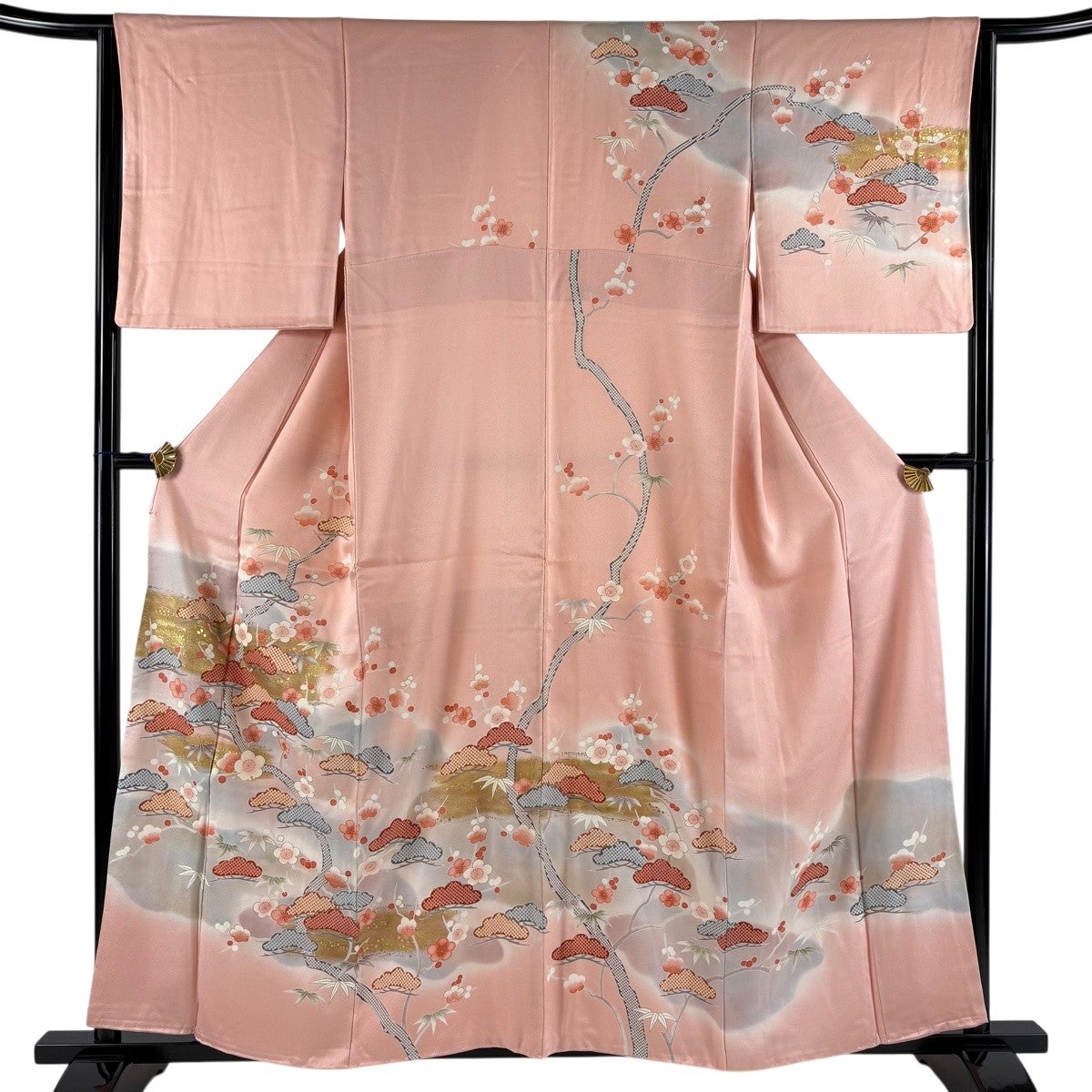 訪問着 身丈157cm 裄丈63.5cm S 袷 松竹梅 金糸 金彩 ピンク 正絹 秀品