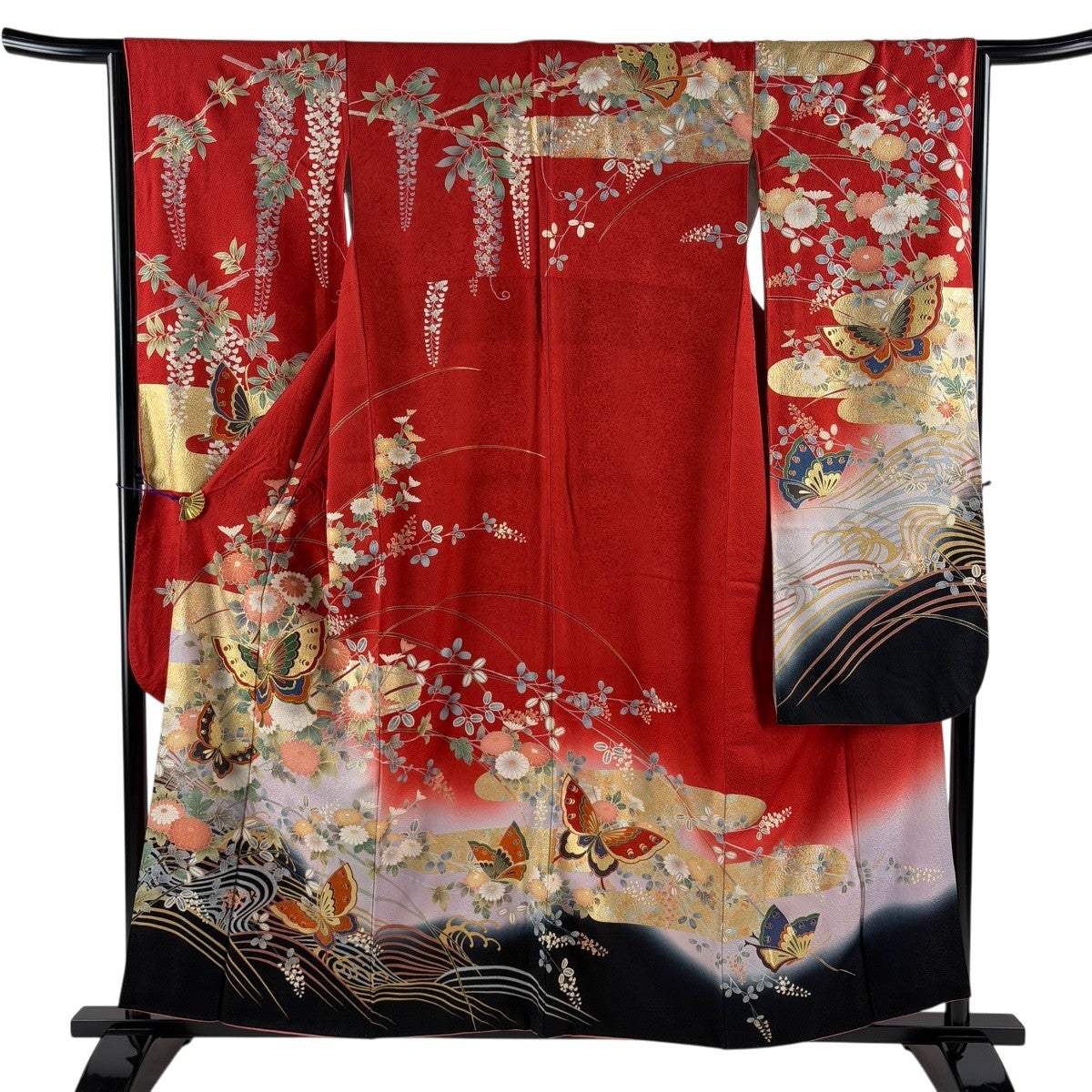 振袖 身丈157cm 裄丈65cm M 袷 蝶 菊 金糸 金銀彩 赤 正絹 秀品｜中古