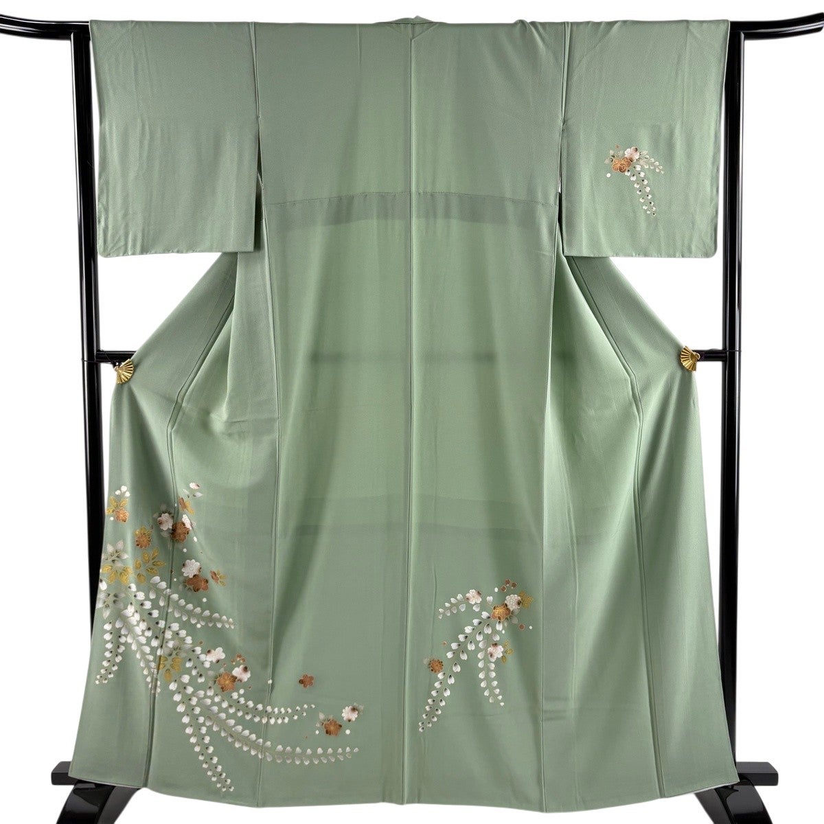 付下げ 身丈162cm 裄丈63.5cm S 袷 草花 金彩 灰緑 正絹 秀品｜中古