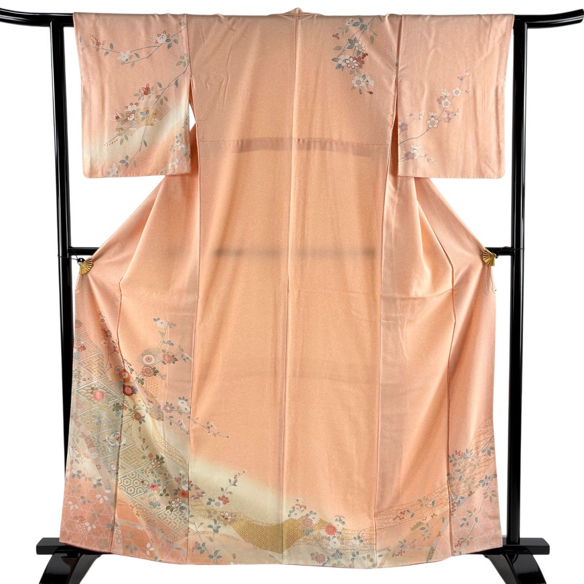 訪問着 身丈161cm 裄丈61.5cm S 袷 菊 蝶 金彩 ぼかし 薄オレンジ 正絹
