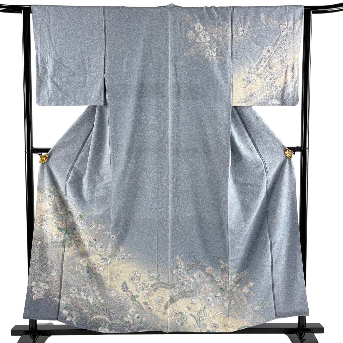 豪華訪問着 辻が花ブルーグレー 金銀箔 単品 訪問着 身丈156.5cm 裄丈62.5cm S 袷 辻が花 金銀彩 ぼかし 青灰色