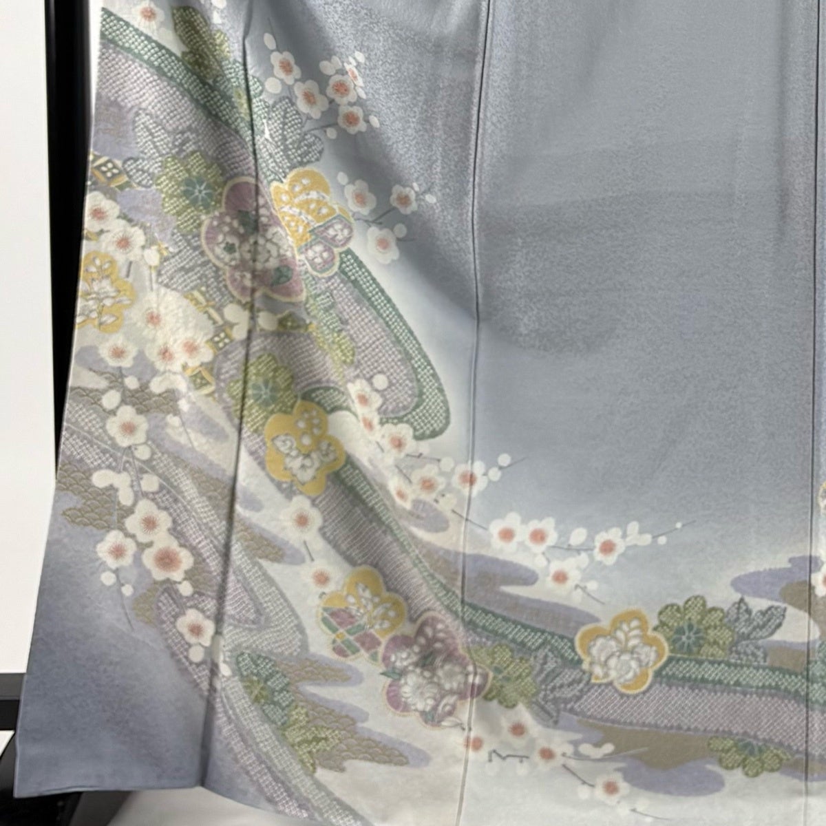 訪問着 身丈169.5cm 裄丈67cm M 袷 枝梅 流水 金銀彩 絞り 青灰色 正絹