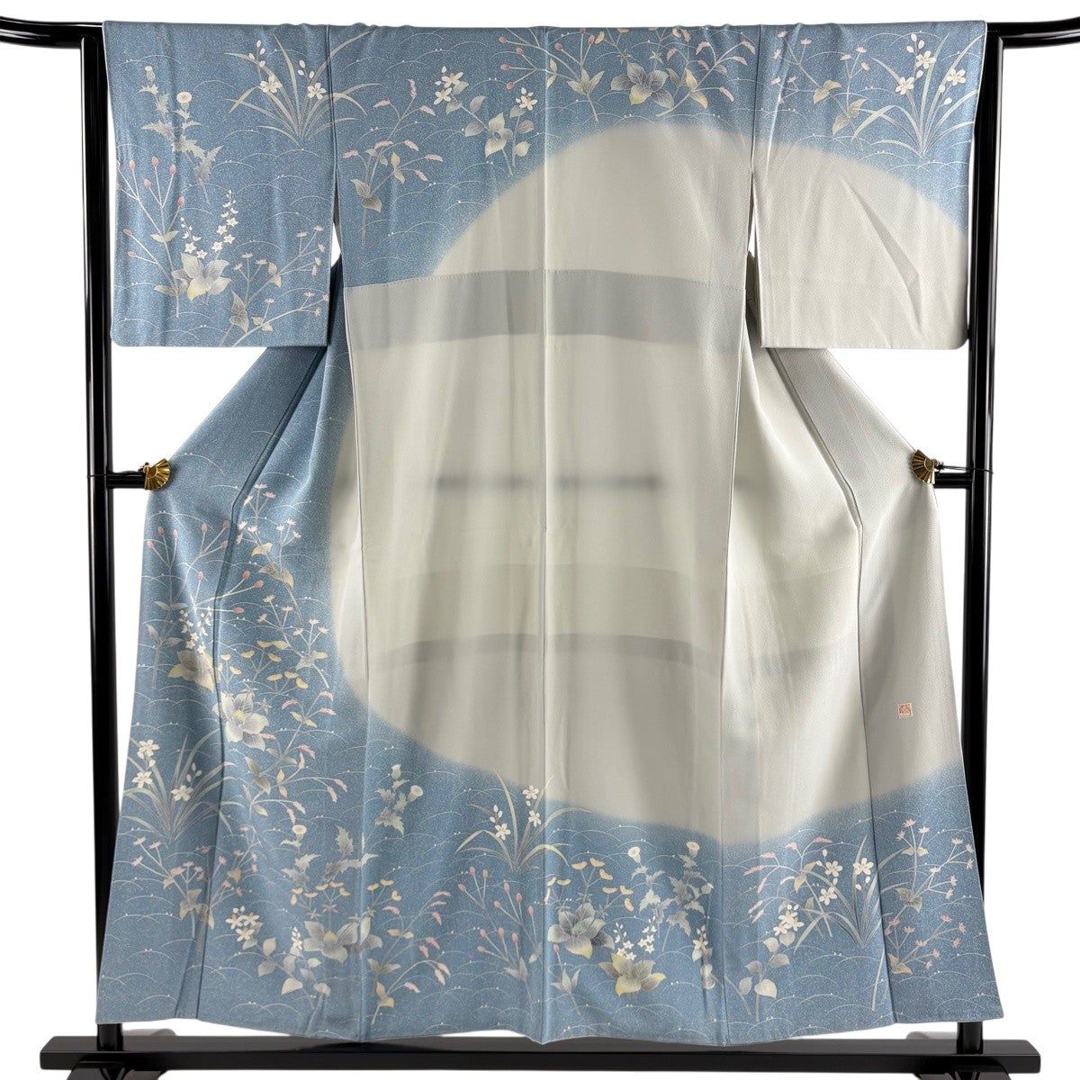 訪問着 身丈154.5cm 裄丈65.5cm M 袷 落款あり 草花 染め分け 青灰色