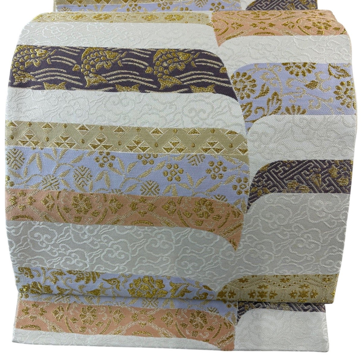 袋帯 逸品 正倉院裂集 荒磯 笹蔓 金糸 灰白 六通 正絹｜中古・古着