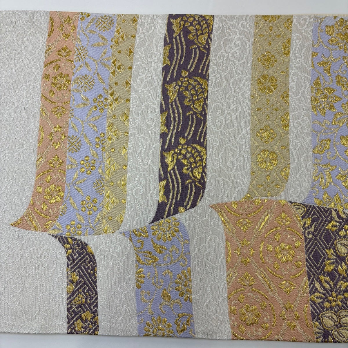 袋帯 逸品 正倉院裂集 荒磯 笹蔓 金糸 灰白 六通 正絹｜中古・古着