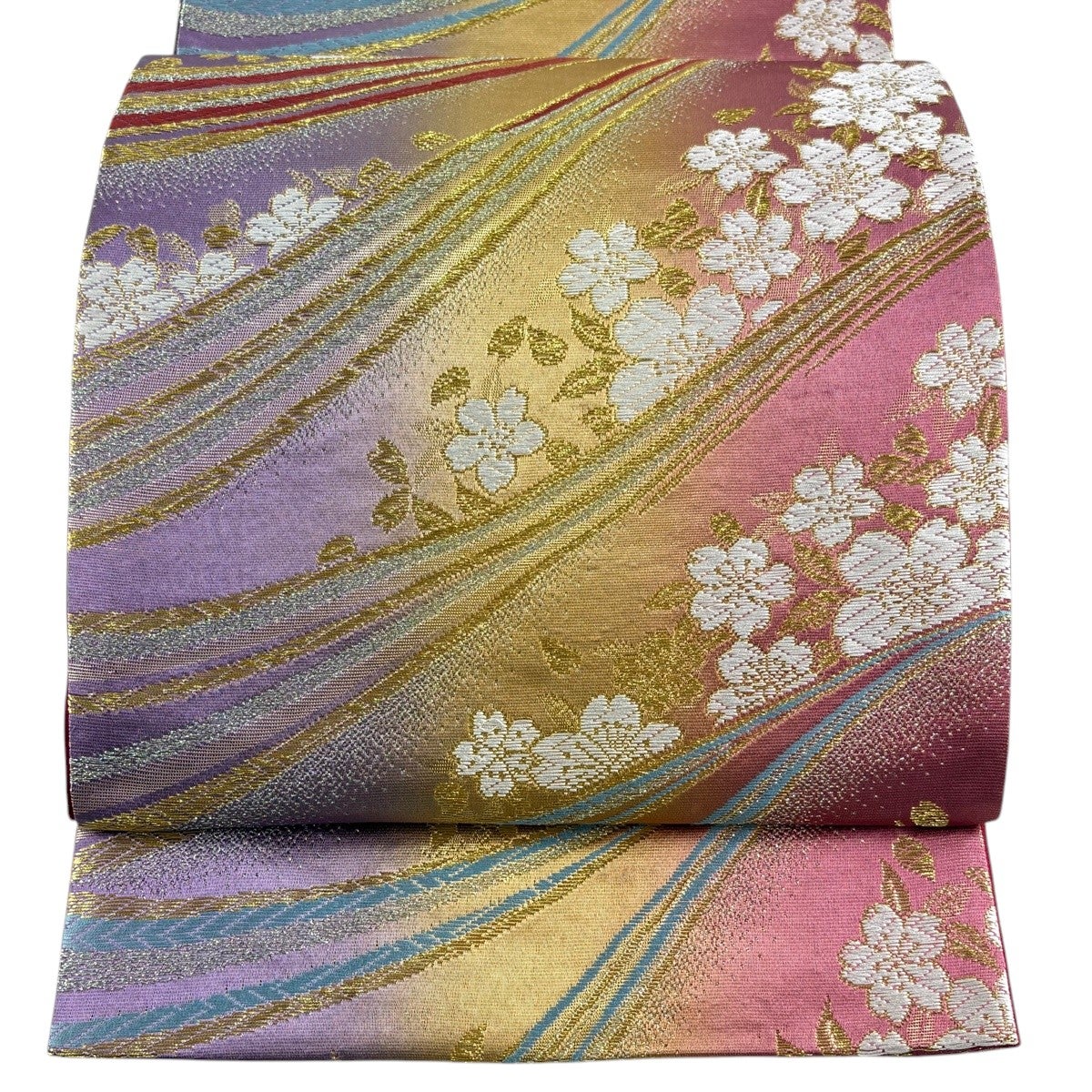 袋帯 秀品 桜 幾何学模様 金銀糸 箔 濃ピンク 六通 正絹｜中古・古着