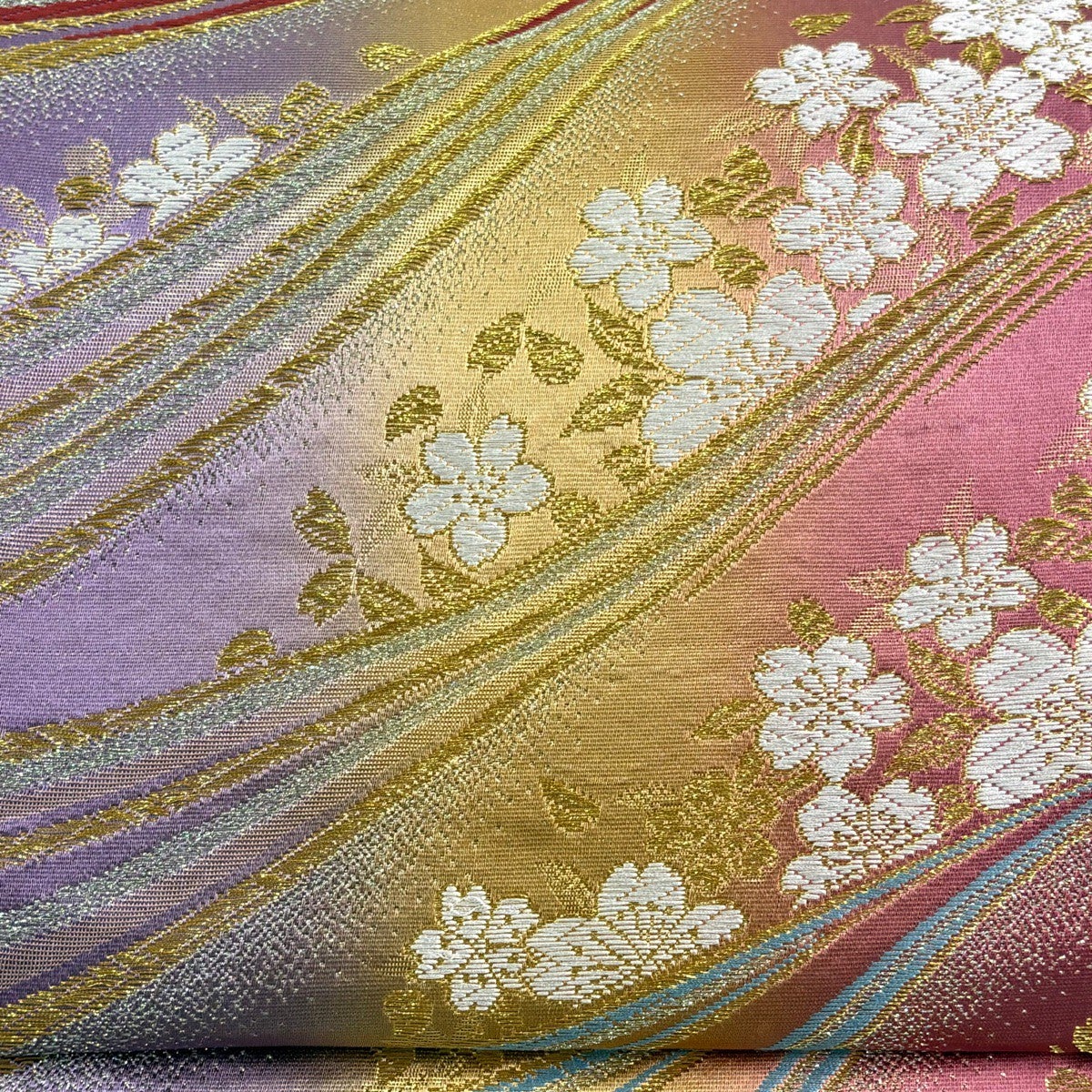 袋帯 秀品 桜 幾何学模様 金銀糸 箔 濃ピンク 六通 正絹｜中古・古着