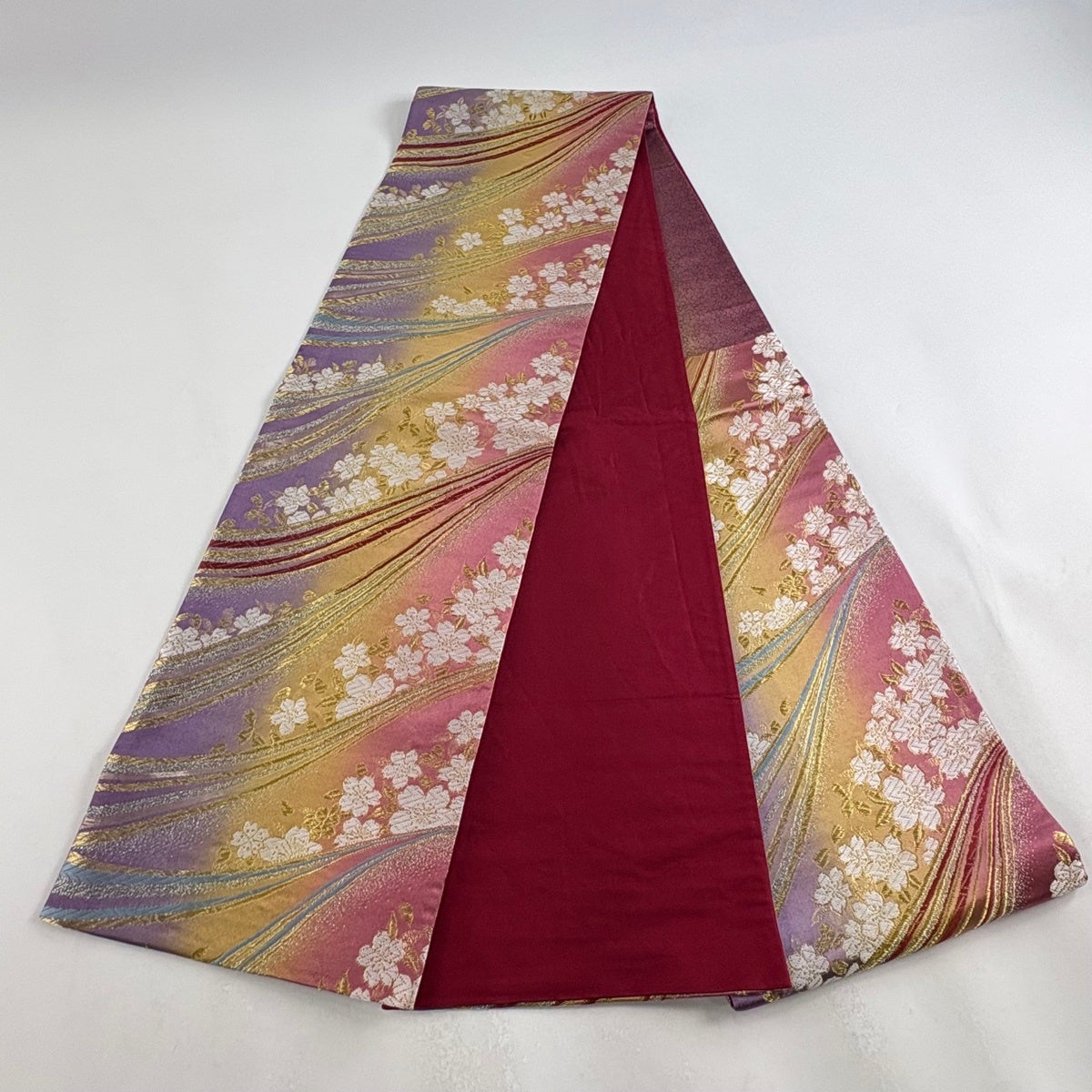袋帯 秀品 桜 幾何学模様 金銀糸 箔 濃ピンク 六通 正絹｜中古・古着