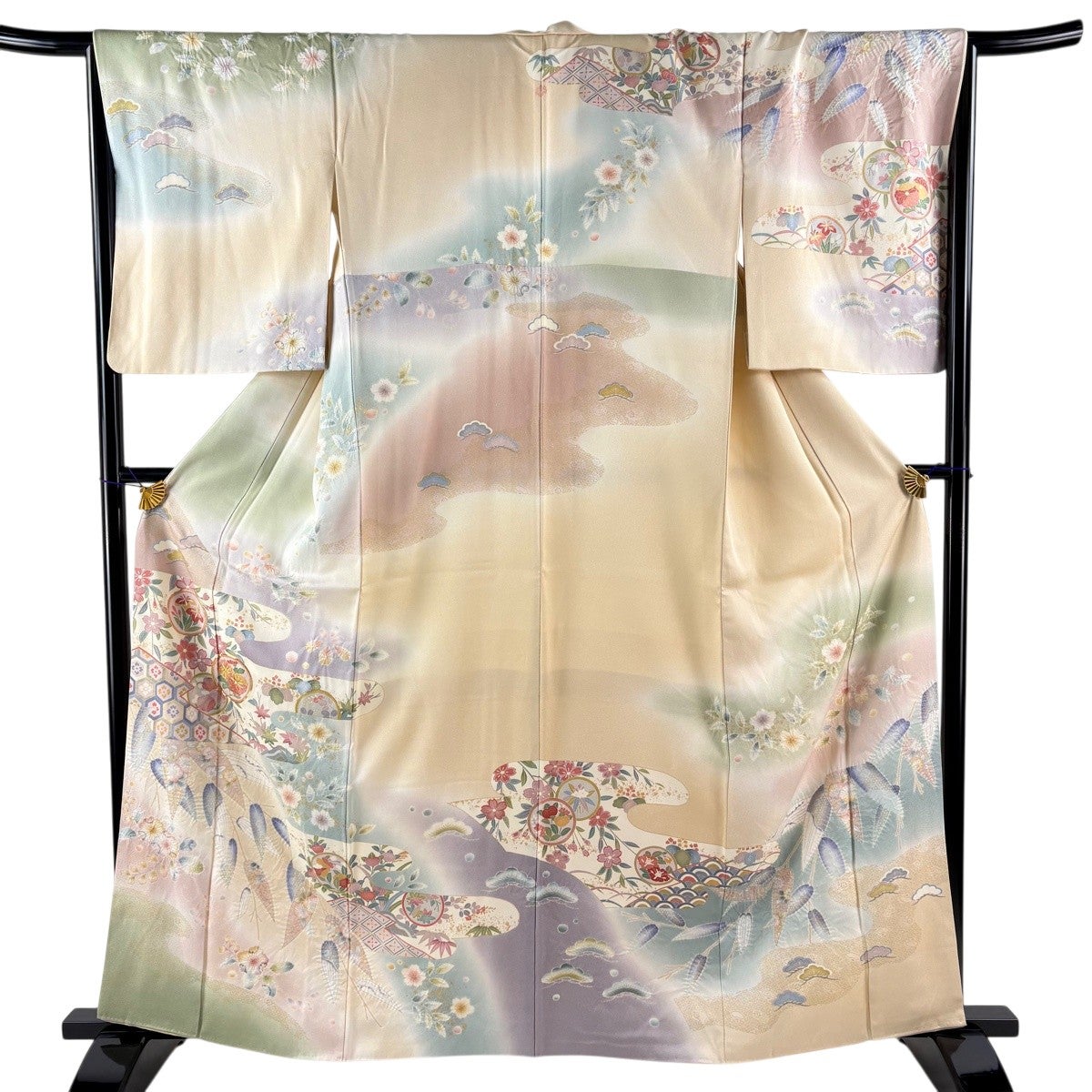 訪問着 身丈161.5cm 裄丈67cm M 袷 丸文 笹 金糸 絞り ベージュ 正絹