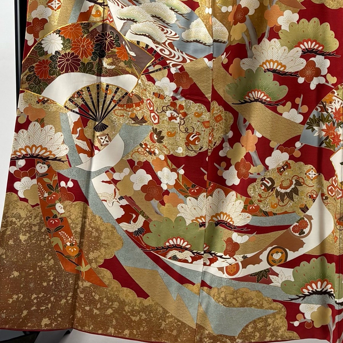 振袖 身丈163.5cm 裄丈68.5cm L 袷 鈴乃屋 扇 花鳥 金糸 金彩 赤 正絹