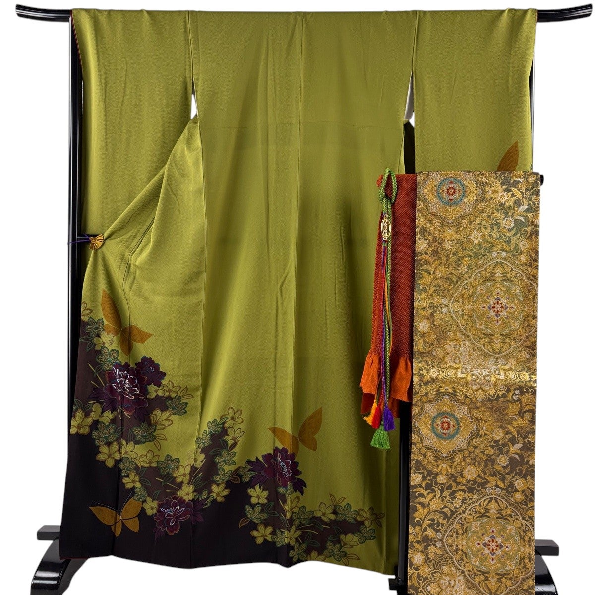 美品】 振袖 身丈165cm 裄丈68cm L 袷 袋帯フルセット 牡丹 蝶 銀彩
