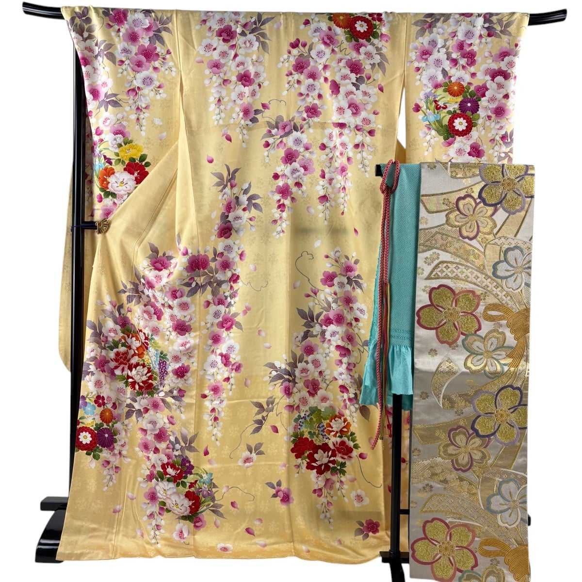 美品】 振袖 身丈176cm 裄丈72cm L 袷 袋帯フルセット 牡丹 菊 金糸