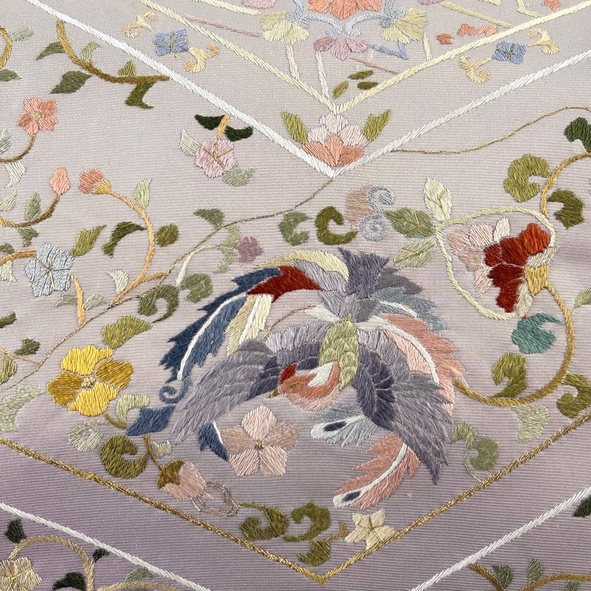 袋帯 逸品 鳥 花唐草 金糸 刺繍 灰紫 六通 正絹｜中古・古着