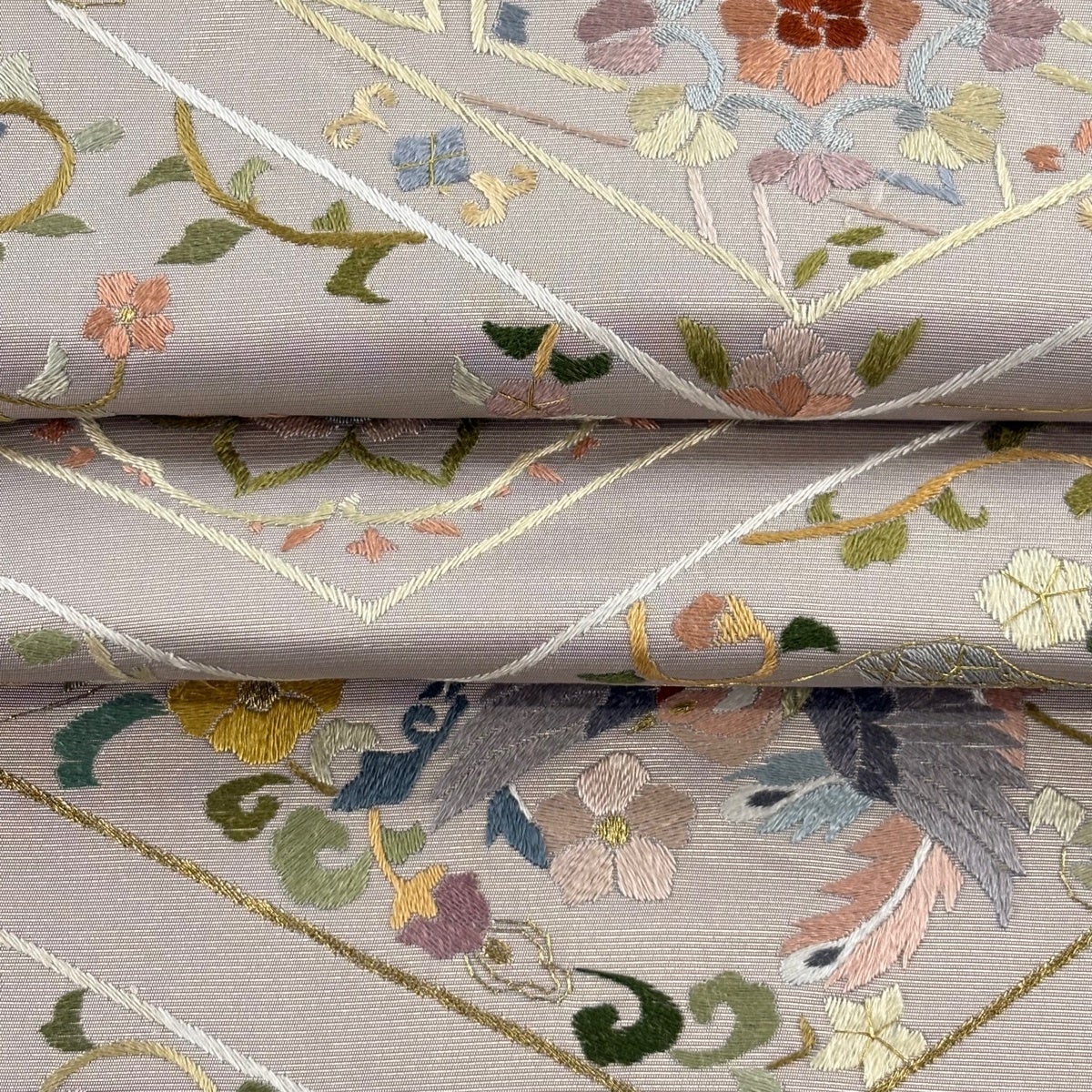 袋帯 逸品 鳥 花唐草 金糸 刺繍 灰紫 六通 正絹｜中古・古着