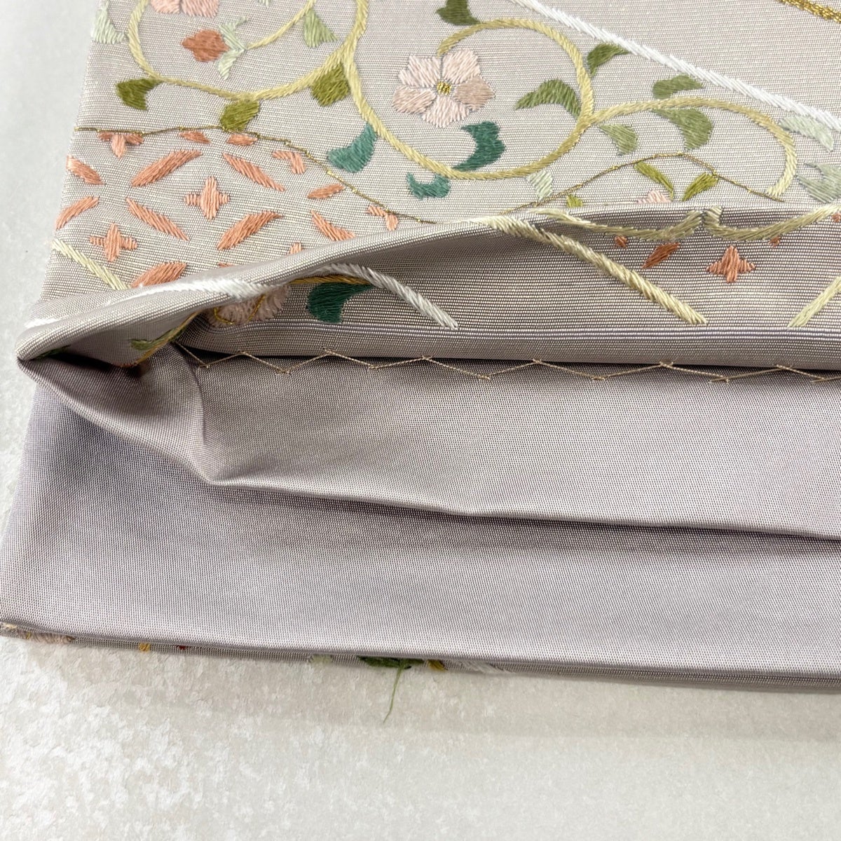 袋帯 逸品 鳥 花唐草 金糸 刺繍 灰紫 六通 正絹｜中古・古着