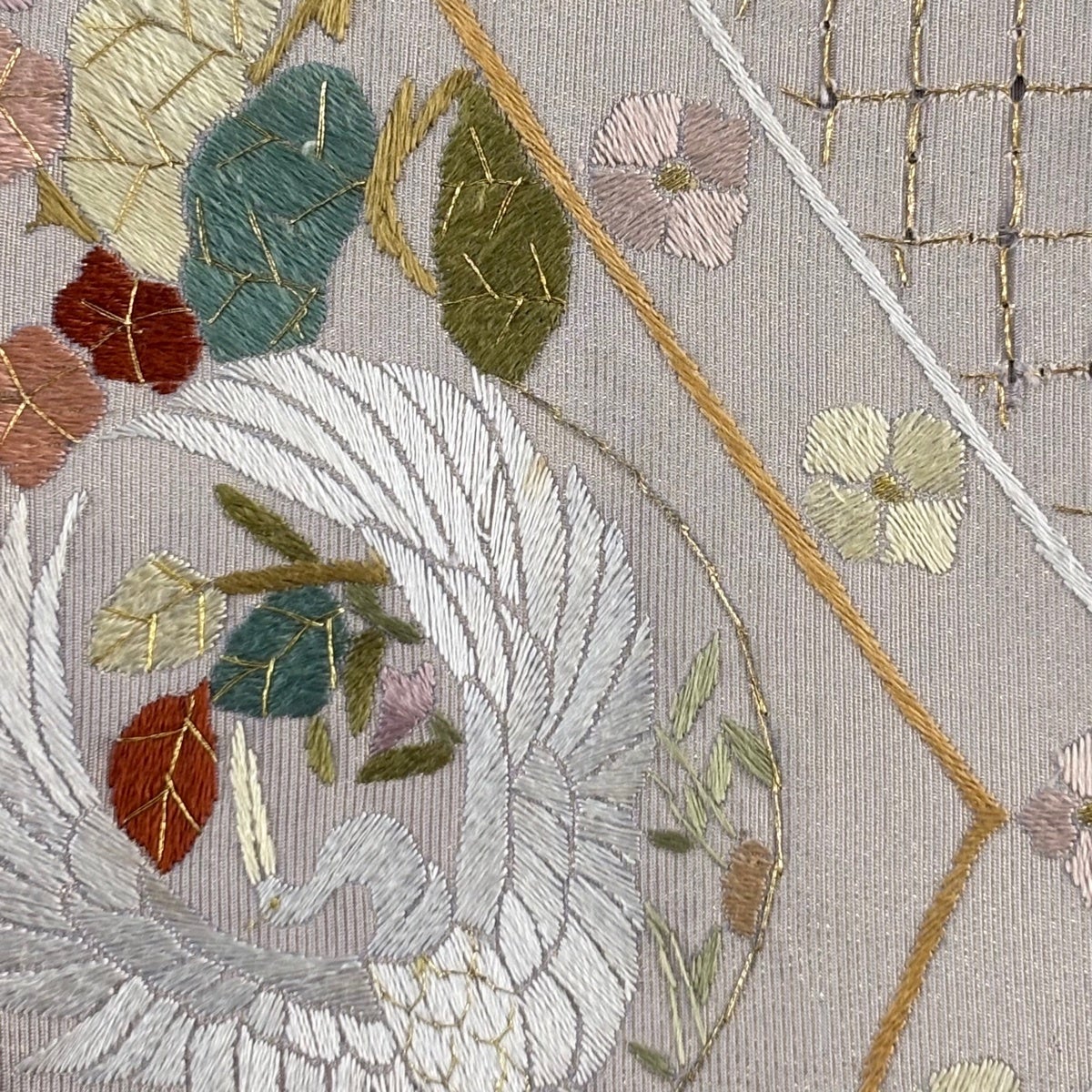 袋帯 逸品 鳥 花唐草 金糸 刺繍 灰紫 六通 正絹｜中古・古着