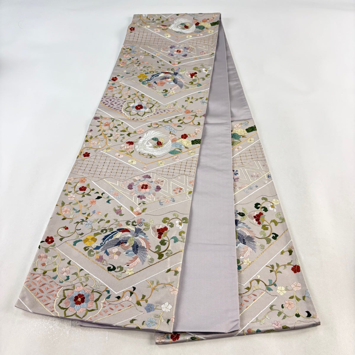 袋帯 逸品 鳥 花唐草 金糸 刺繍 灰紫 六通 正絹｜中古・古着