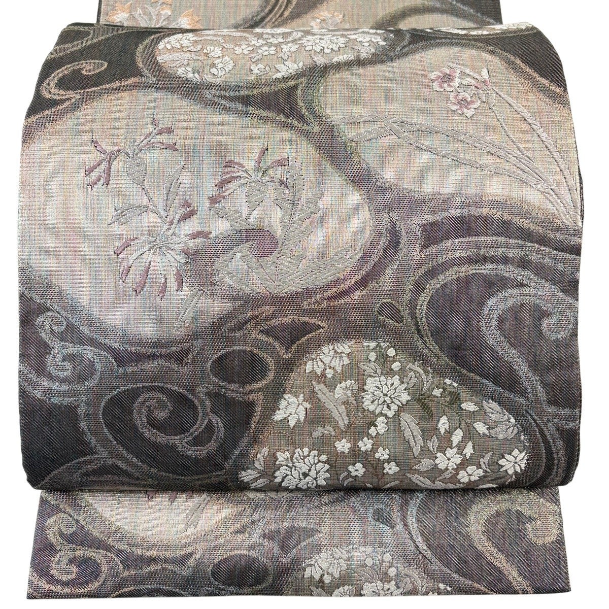 美品】 袋帯 秀品 草花 銀糸 黒灰 六通 正絹｜中古・古着・リサイクル
