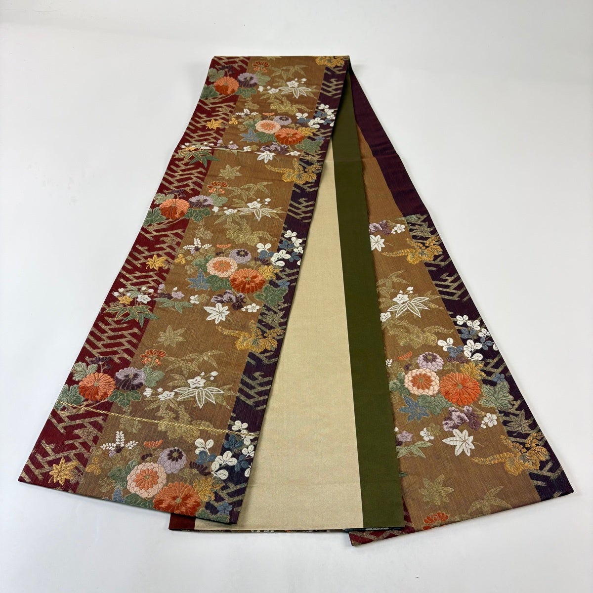 袋帯 秀品 菊 草花 金糸 箔 茶色 六通 正絹｜中古・古着・リサイクル